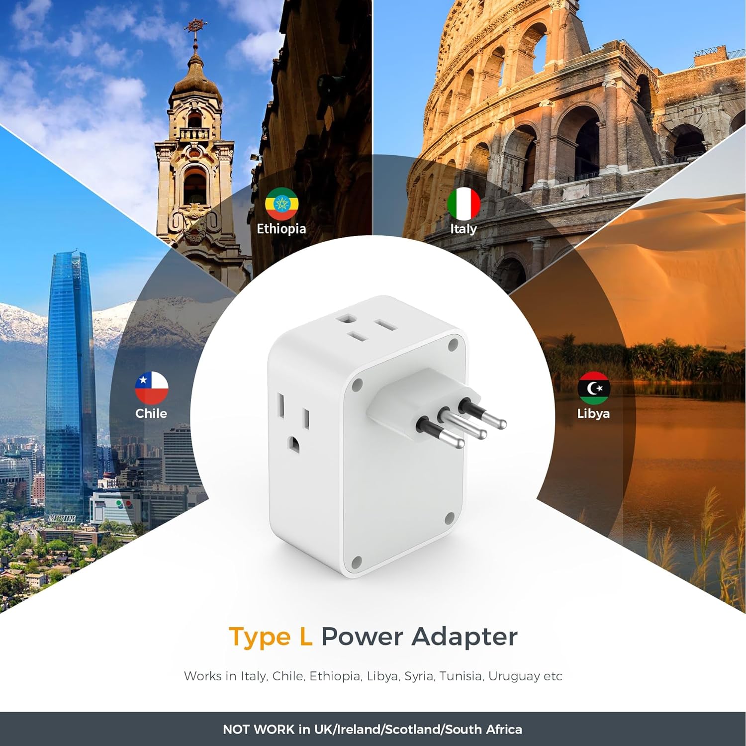 TESSAN Italy Power Adapter with 4 Outlets 3 USB Ports (1 USB C), Italy Travel Plug Adapter 2 Packs