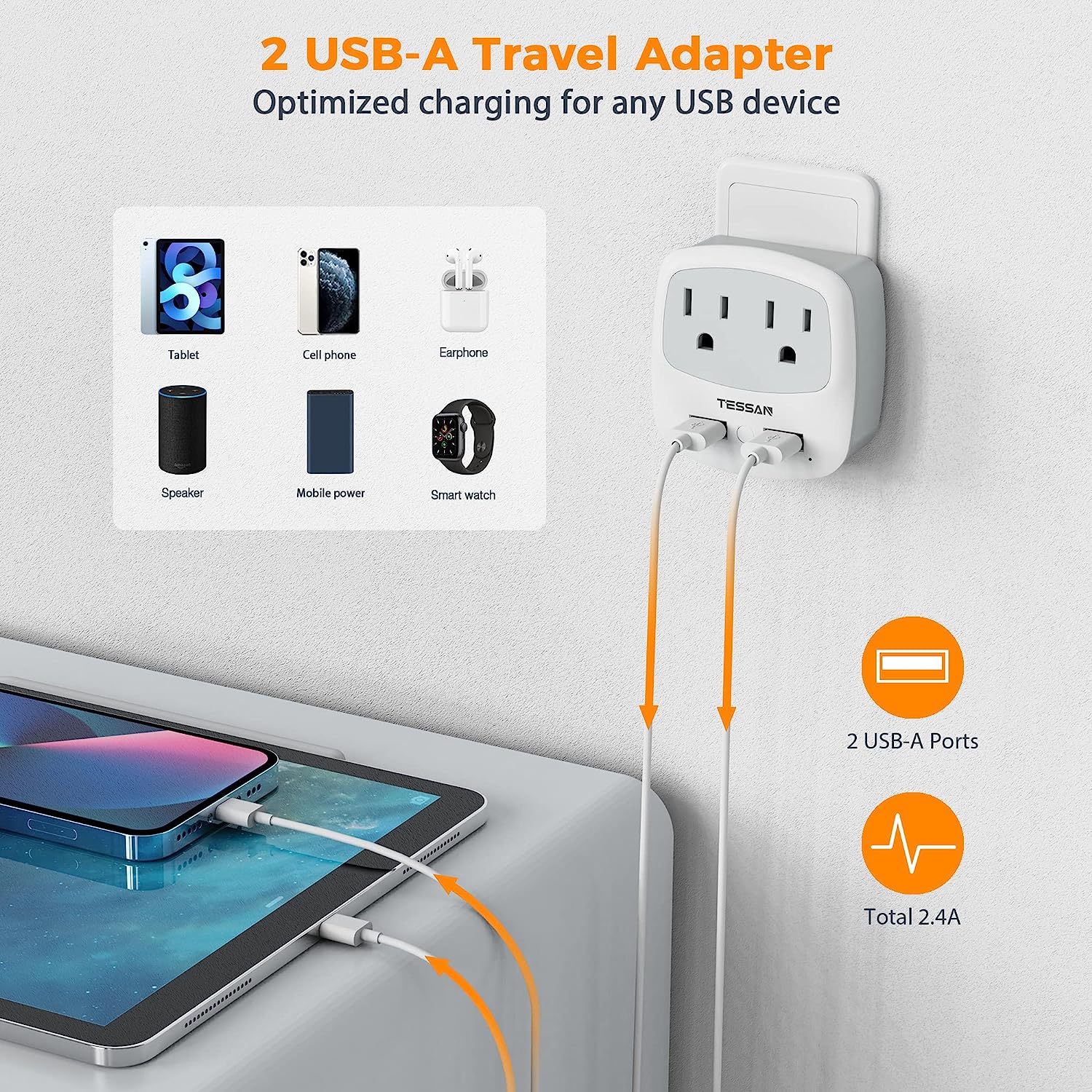 TESSAN Brazil Travel Plug Power Adapter with 2 American Outlets and 2 USB Charging Ports