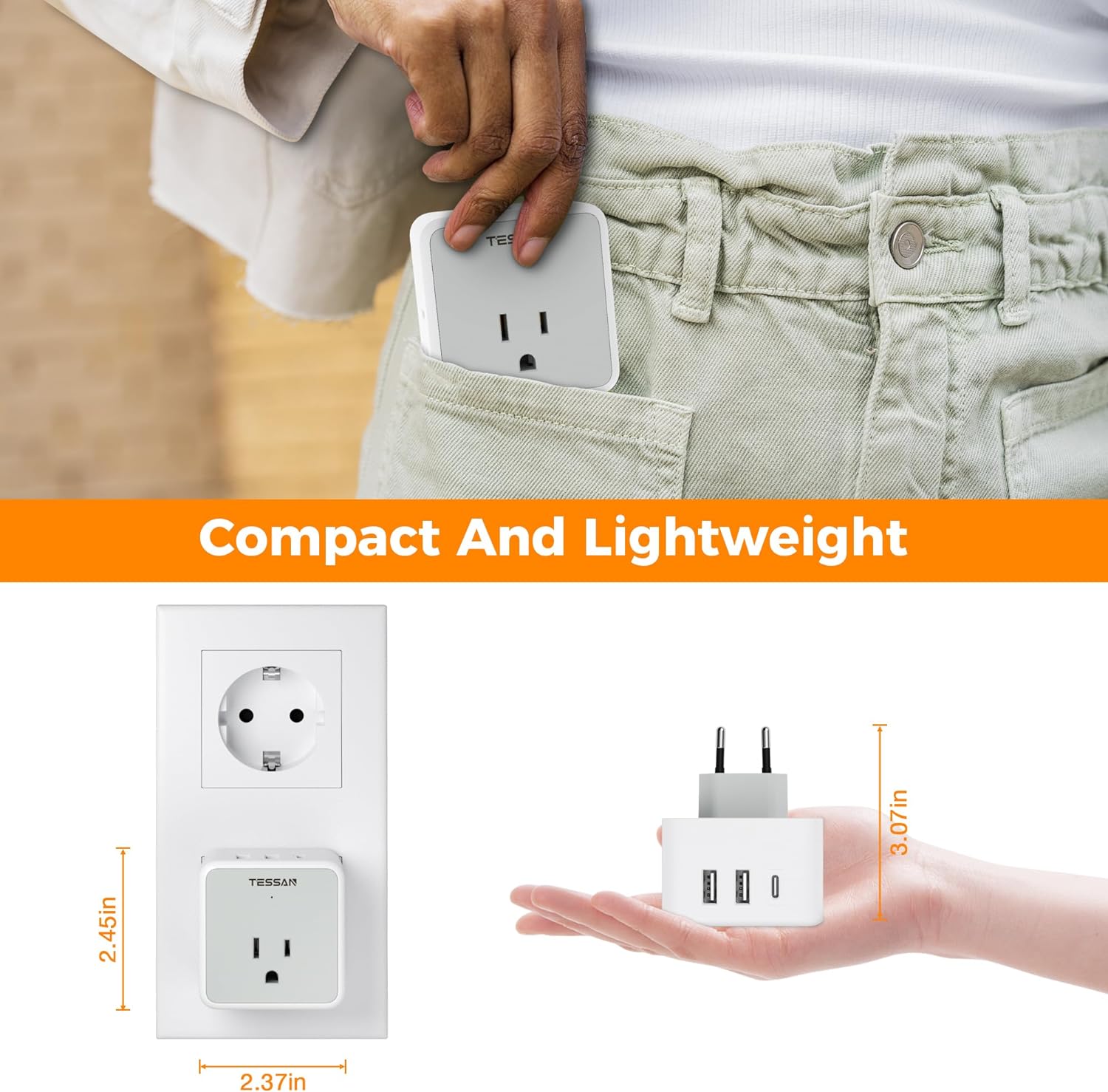 TESSAN Italy Travel Plug Adapter Kit, Detachable Converter with 3 USB Charger (1 USB C)