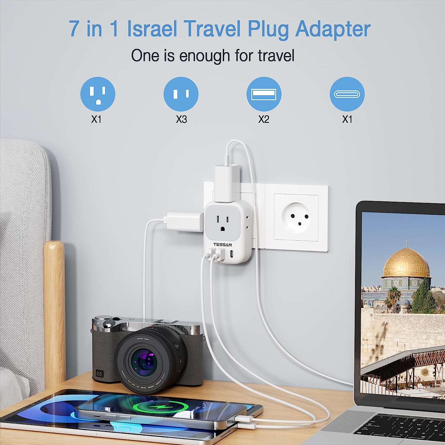 TESSAN US to Israel Plug Adapter with 4 American Outlets 3 USB Charger (1 USB C Port)