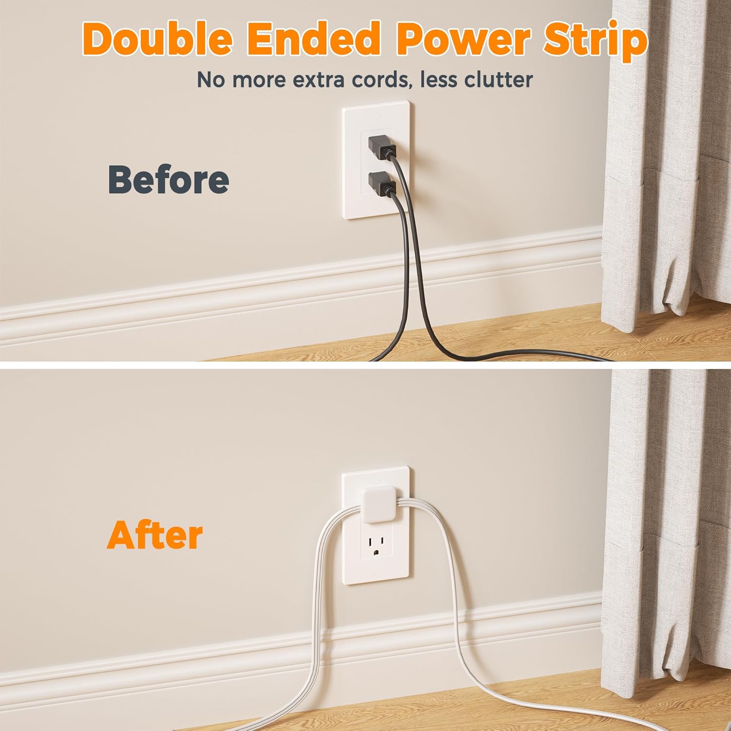 TESSAN Twin Extension Cord 12 FT, Double Ended Flat Plug Surge Protector Power Strip