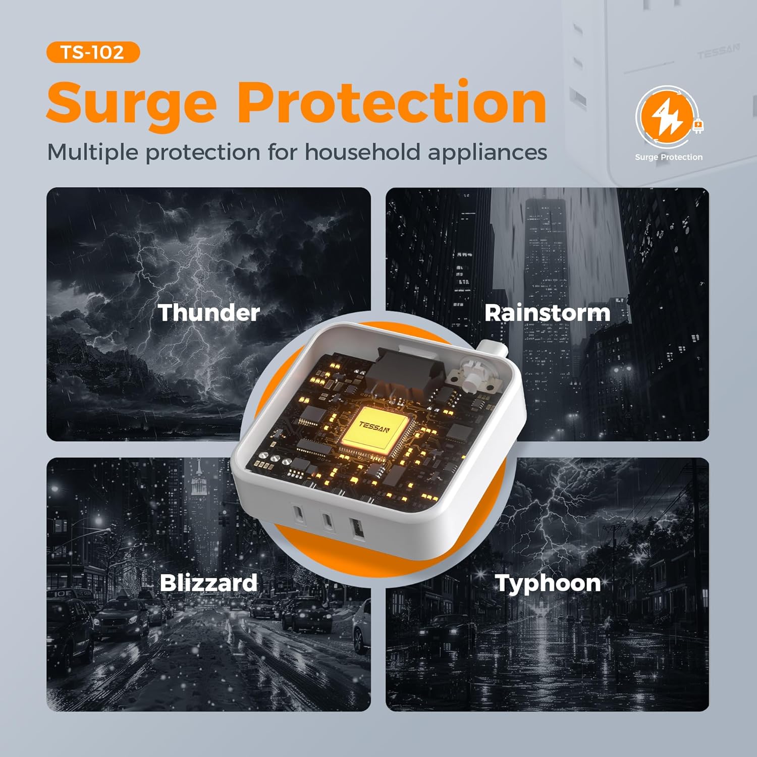 TESSAN Flat Plug Surge Protector Power Strip 102