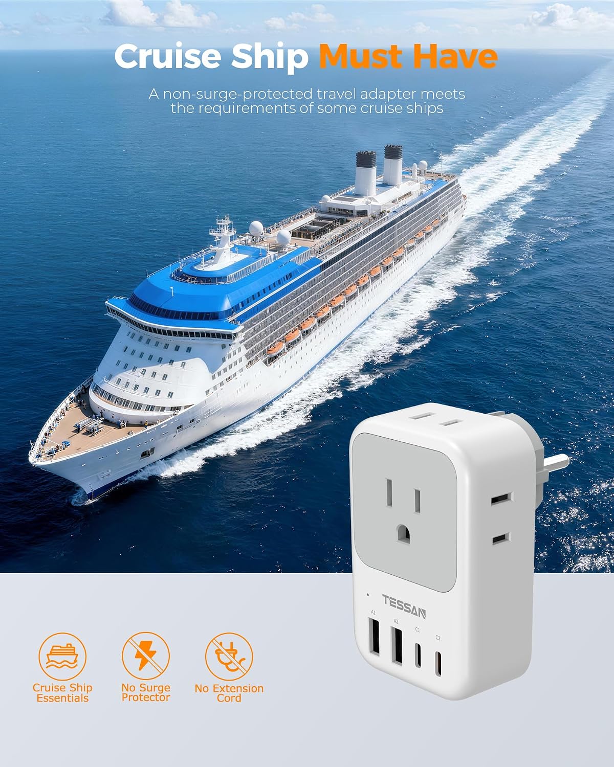 TESSAN Type F Travel Plug Adapter with 20W USB-C Charging