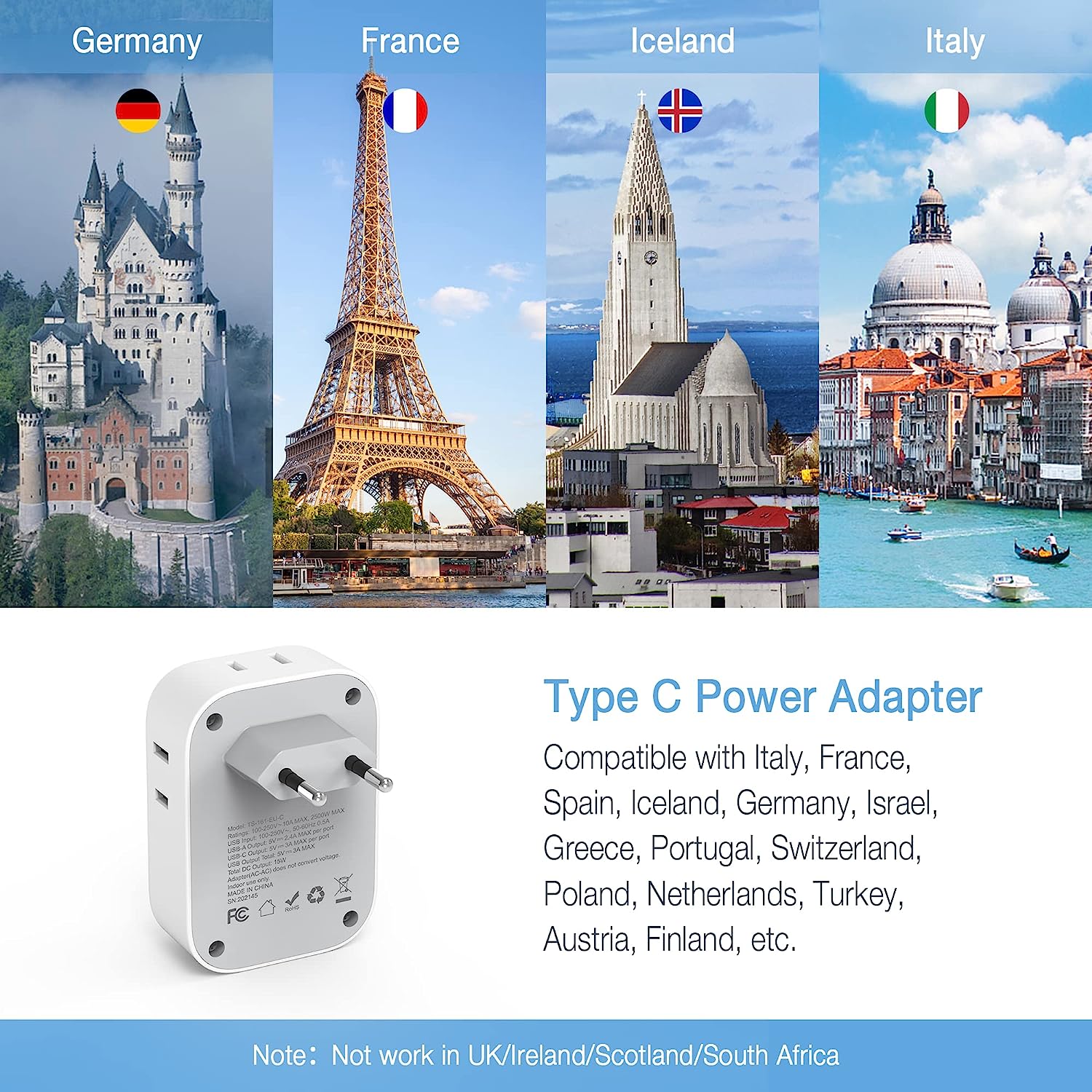 TESSAN US to Europe Power Adapter with 4 AC Outlets and 3 USB (1 USB C), 3 Pack