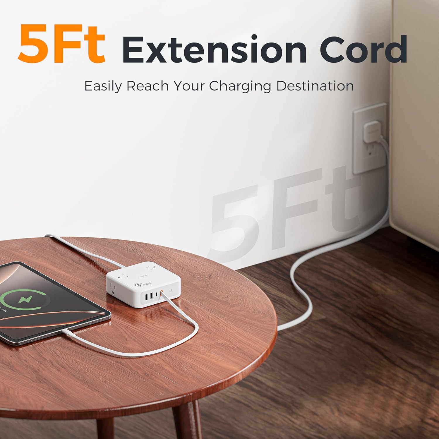 TESSAN 8-in-1 Flat Plug Surge Protector with Retractable USB-C Cable