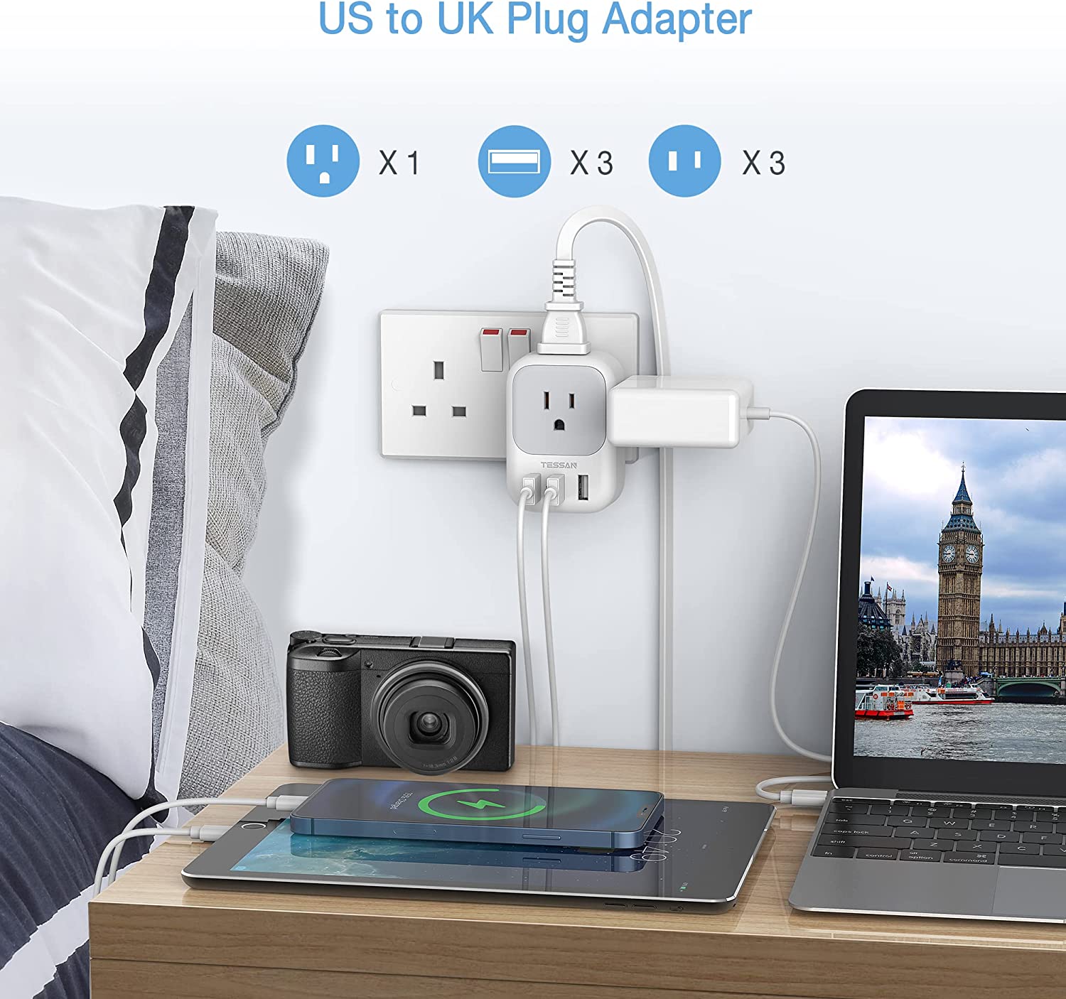 TESSAN US to UK Plug Adapter with 4 Electrical Outlet 3 USB Charger, 3 Pack