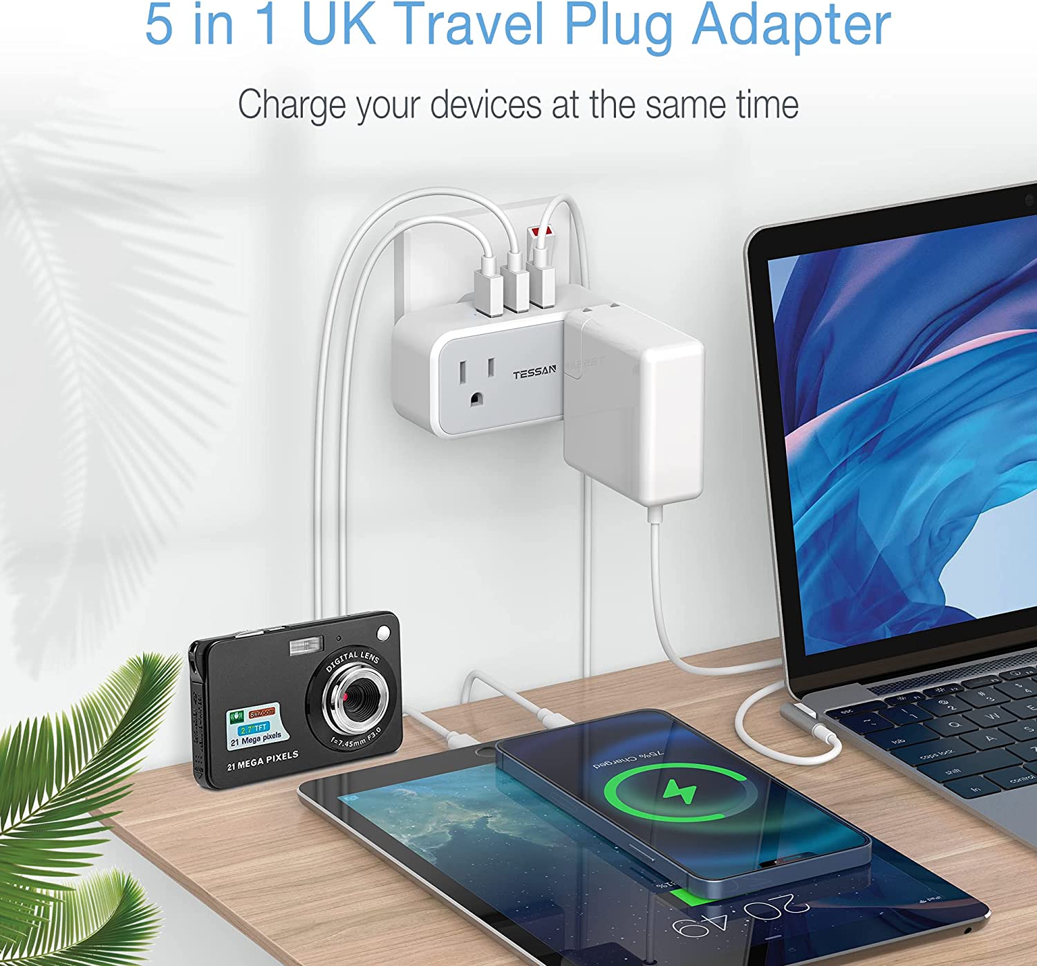 TESSAN US to UK Plug Adapter with 2 Power Outlet 3 USB Charger