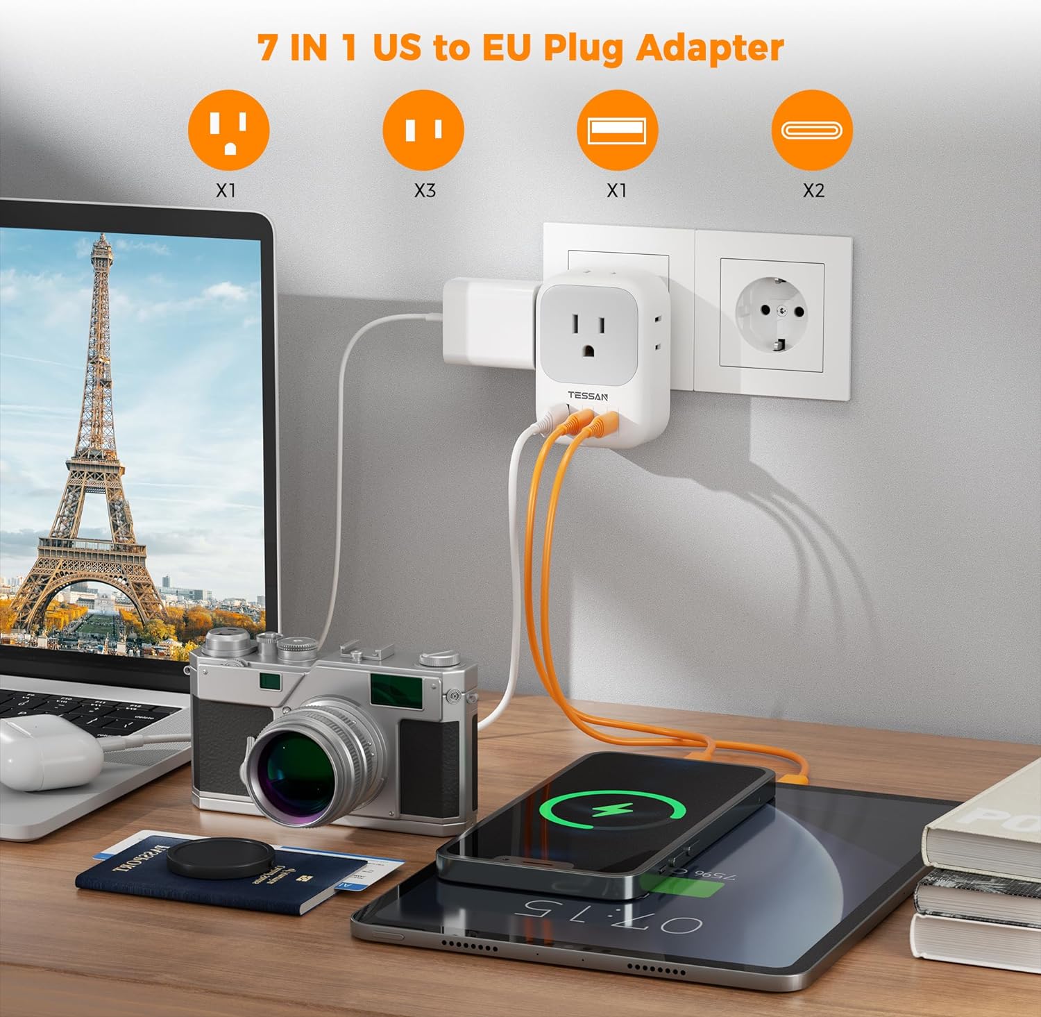 TESSAN Type C Travel Adaptor with 4 Electrical Outlets 3 USB Ports (2 USB C)