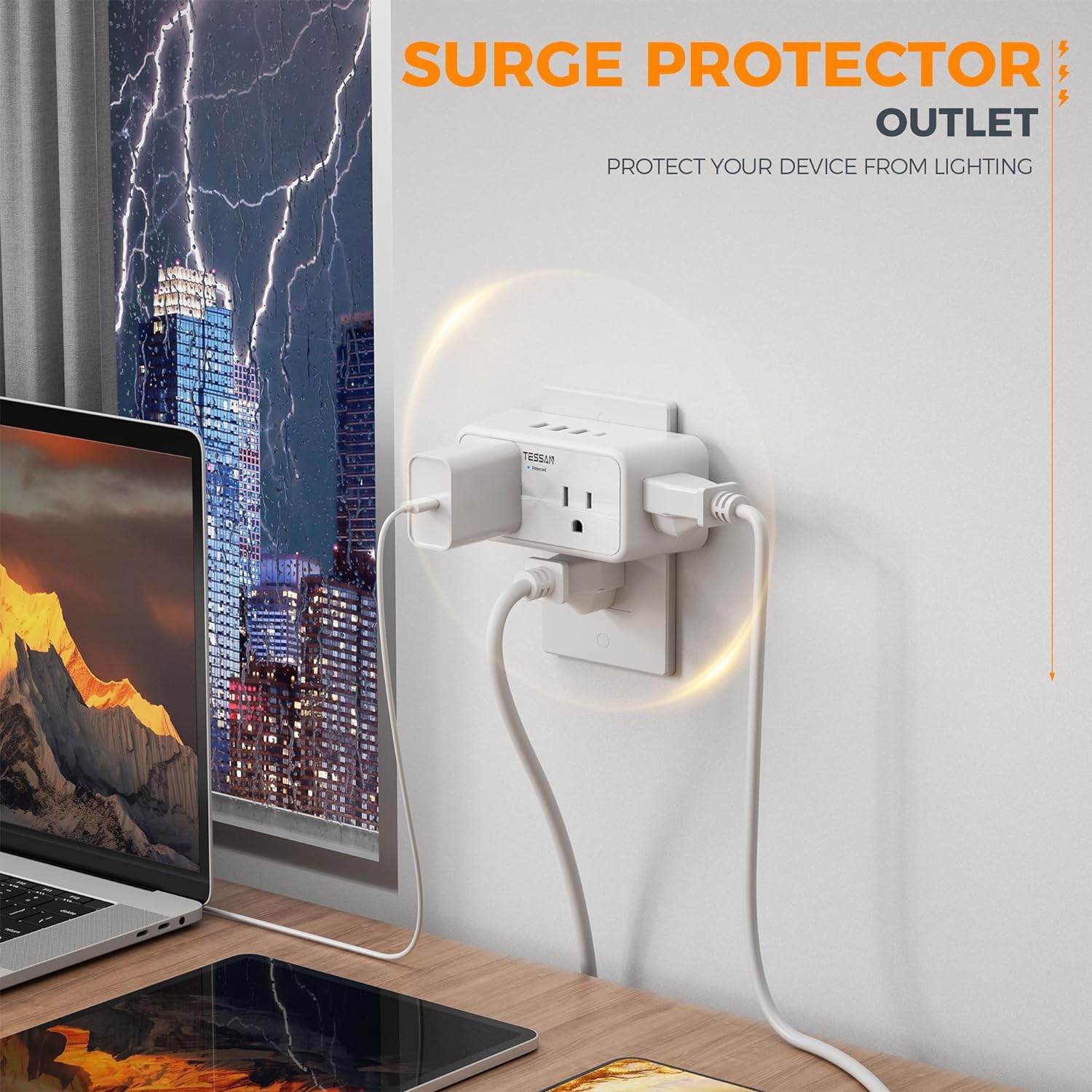 TESSAN Wall Surge Protector with 4 Electrical 3 Prong Outlet Splitter (1 USB C)