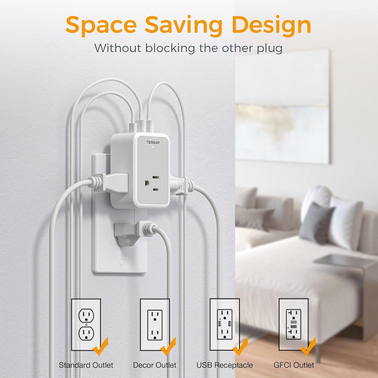 TESSAN 6 in 1 Outlet Extender USB C 15W