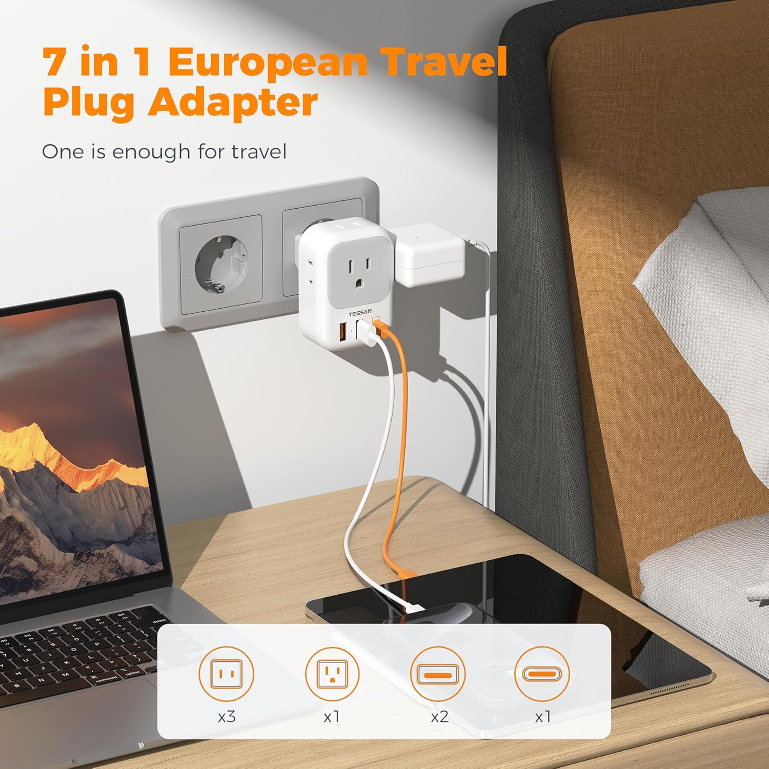 TESSAN Europe Adapter with 4 Outlets and 3 USB(1 USB C PD 20W), Foldable Plug