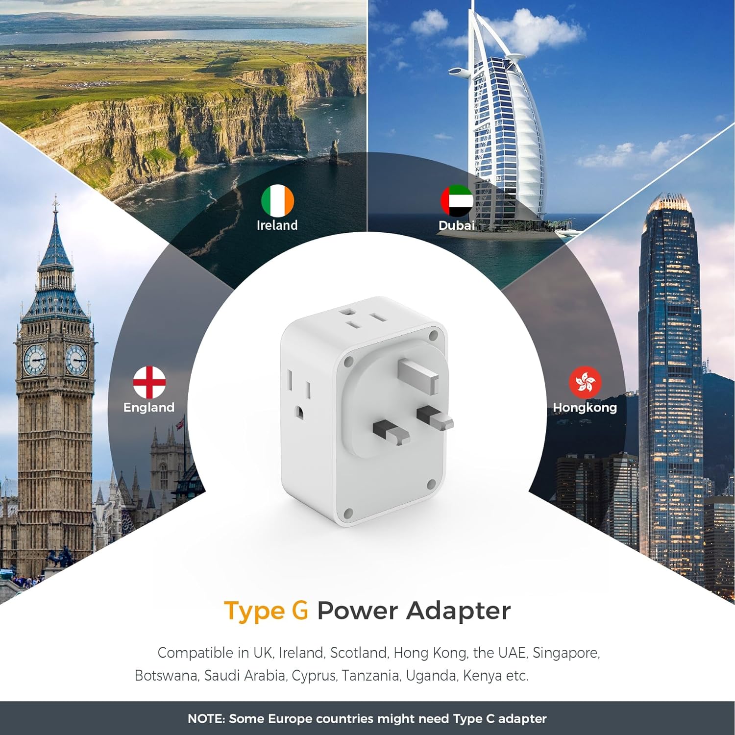 TESSAN US to UK Power Adaptor with 4 Outlets 3 USB Charger (1 USB C Port), UK Travel Plug Adapter 2 Pack