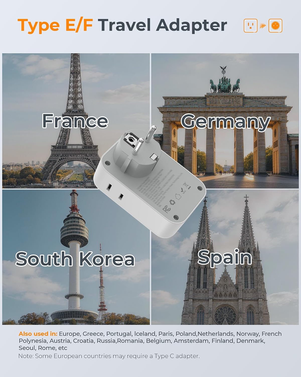 TESSAN Type F Travel Plug Adapter with 20W USB-C Charging