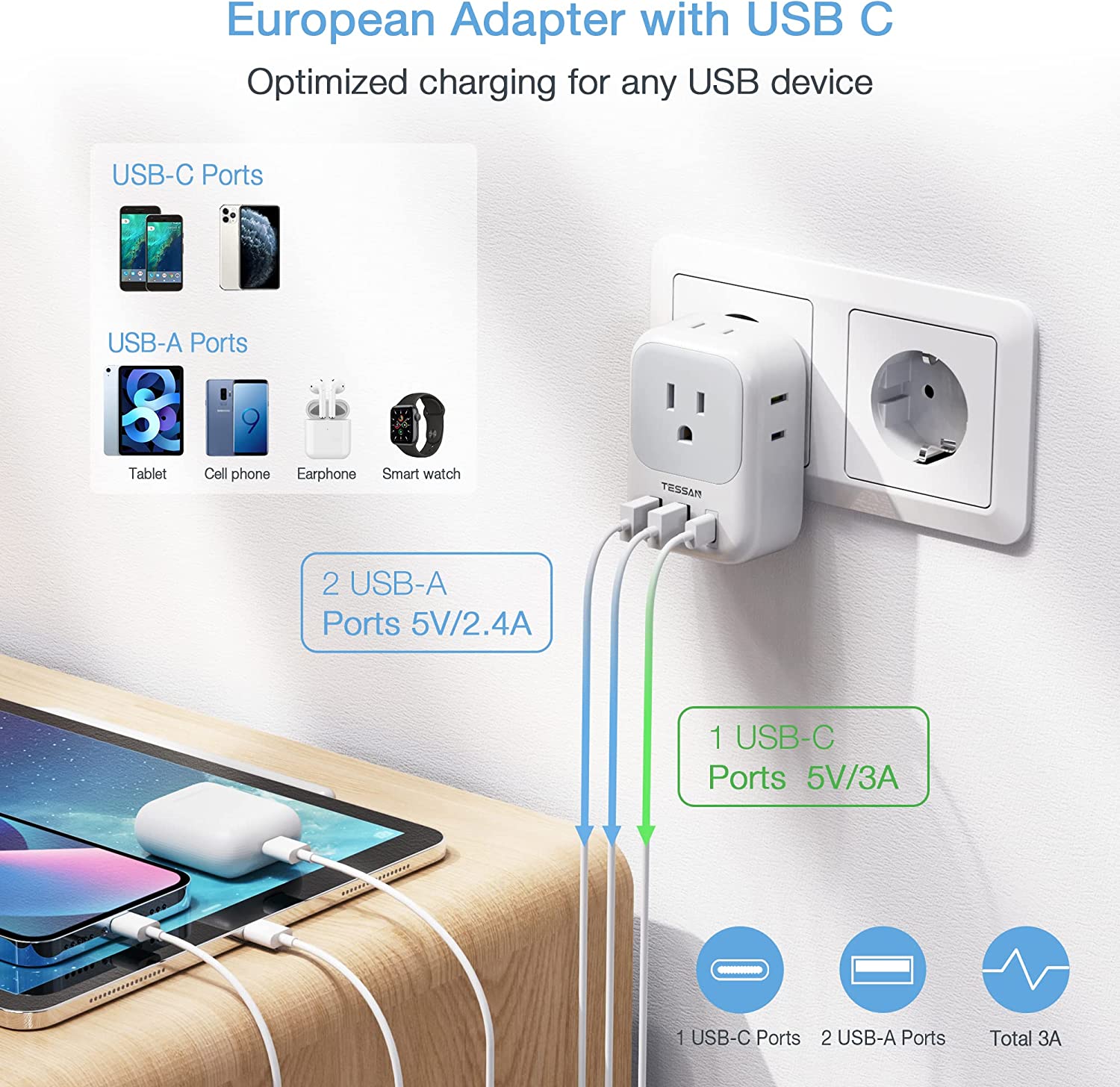 TESSAN US to Europe Power Adapter with 4 AC Outlets and 3 USB (1 USB C), 3 Pack