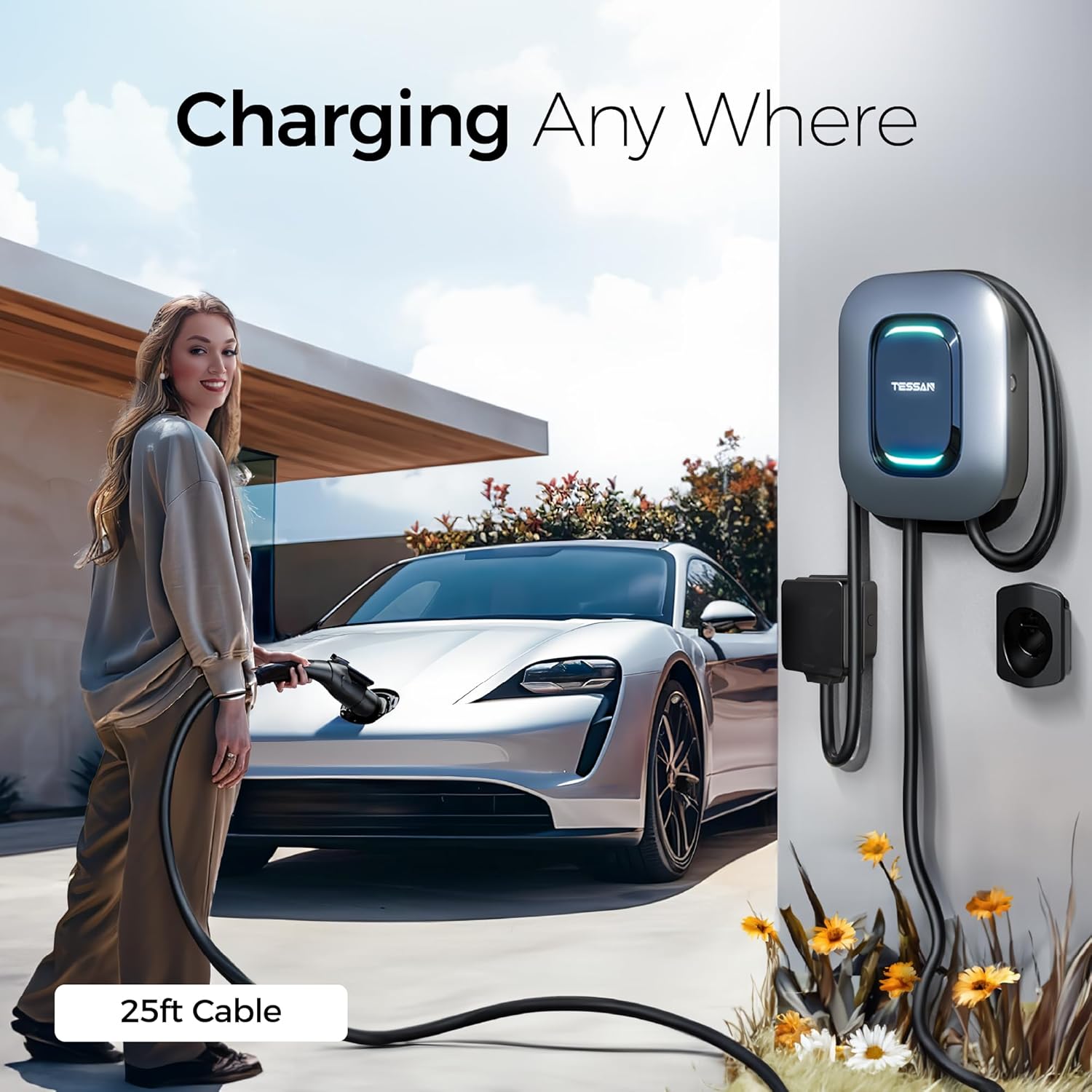 TESSAN 48A 240V Level 2 EV Charger, Wi-Fi & Bluetooth App Control, 25ft Cable, Hardwired for Indoor/Outdoor Use