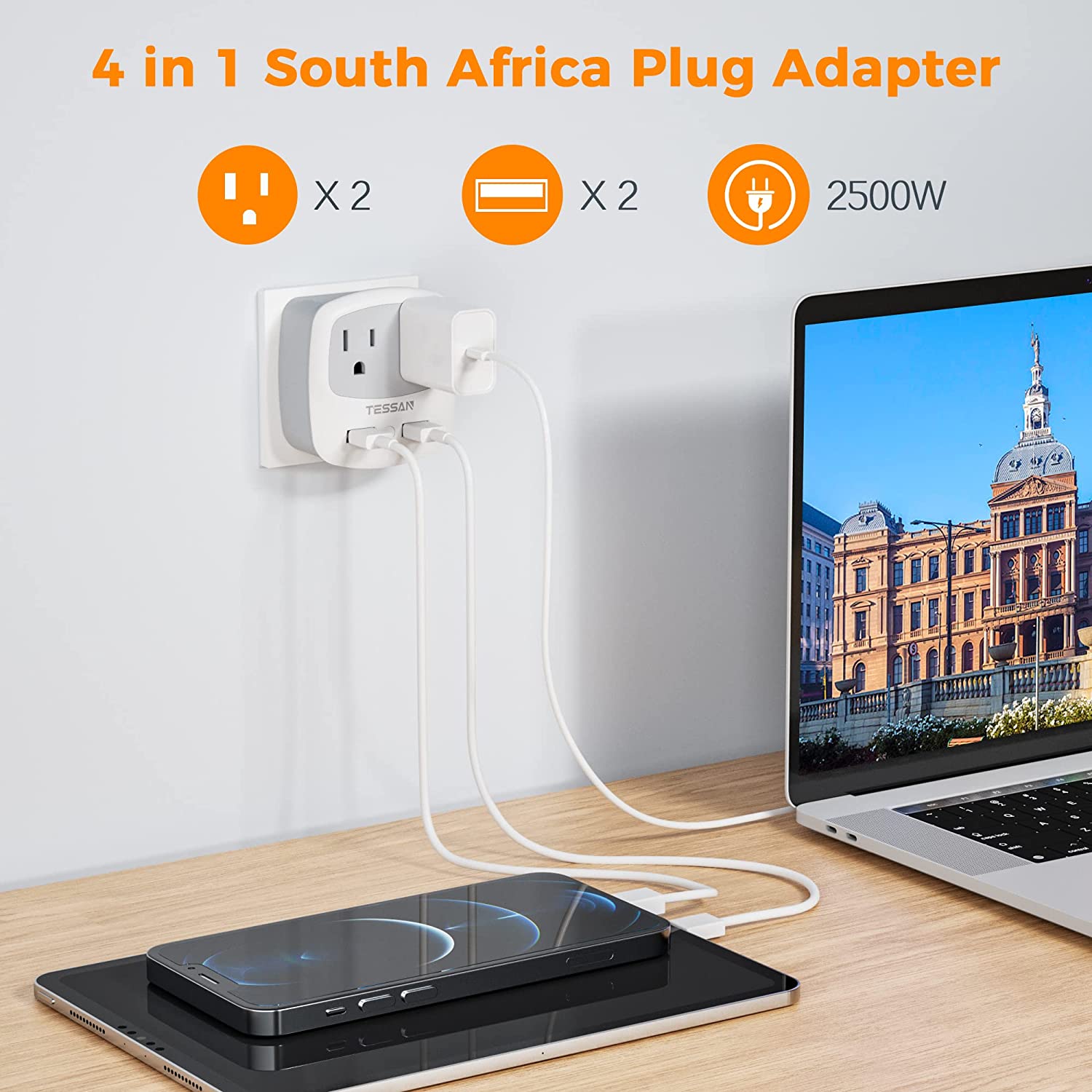 TESSAN South Africa Power Adapter with 2 USB Charger 2 AC Outlets Converter