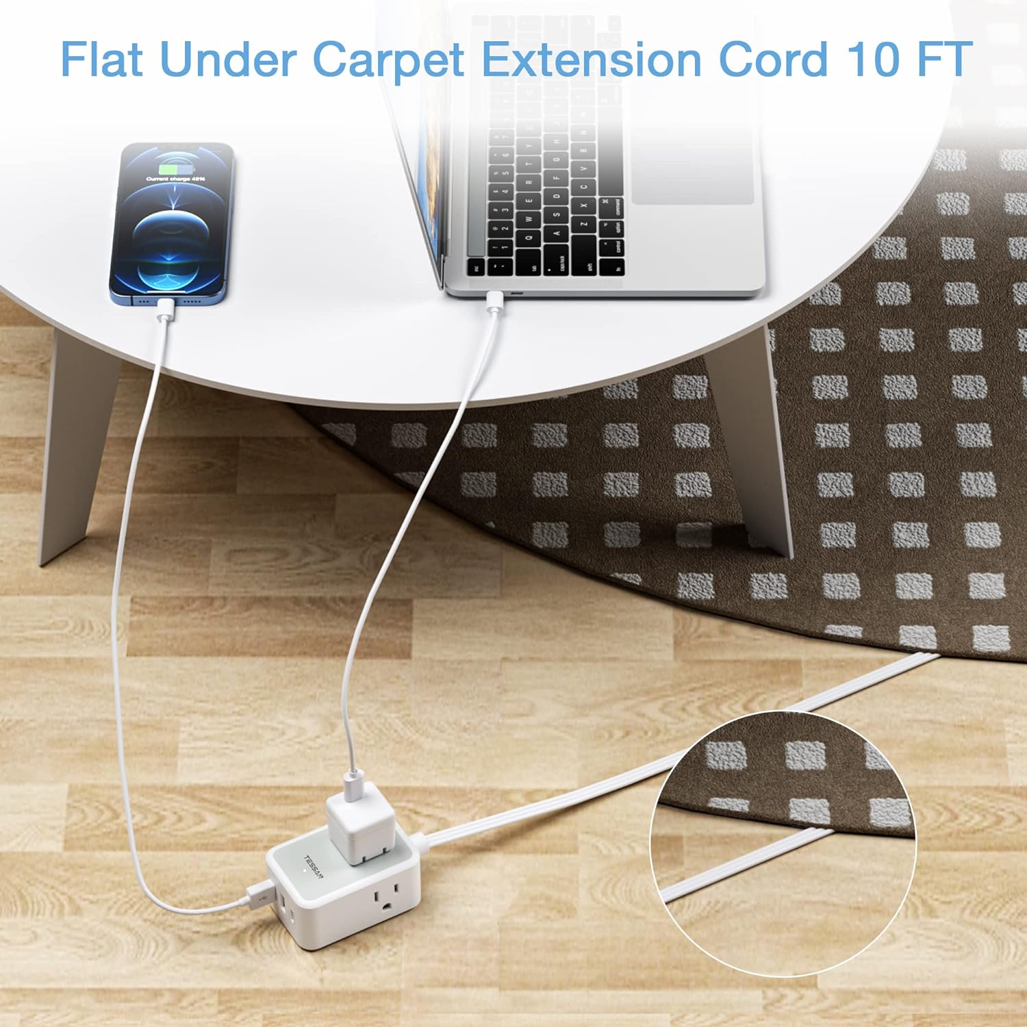 TESSAN Small Flat Plug Power Strip with 3 USB Charger (1 USB C), Ultra Thin Flat Extension Cord 10 FT