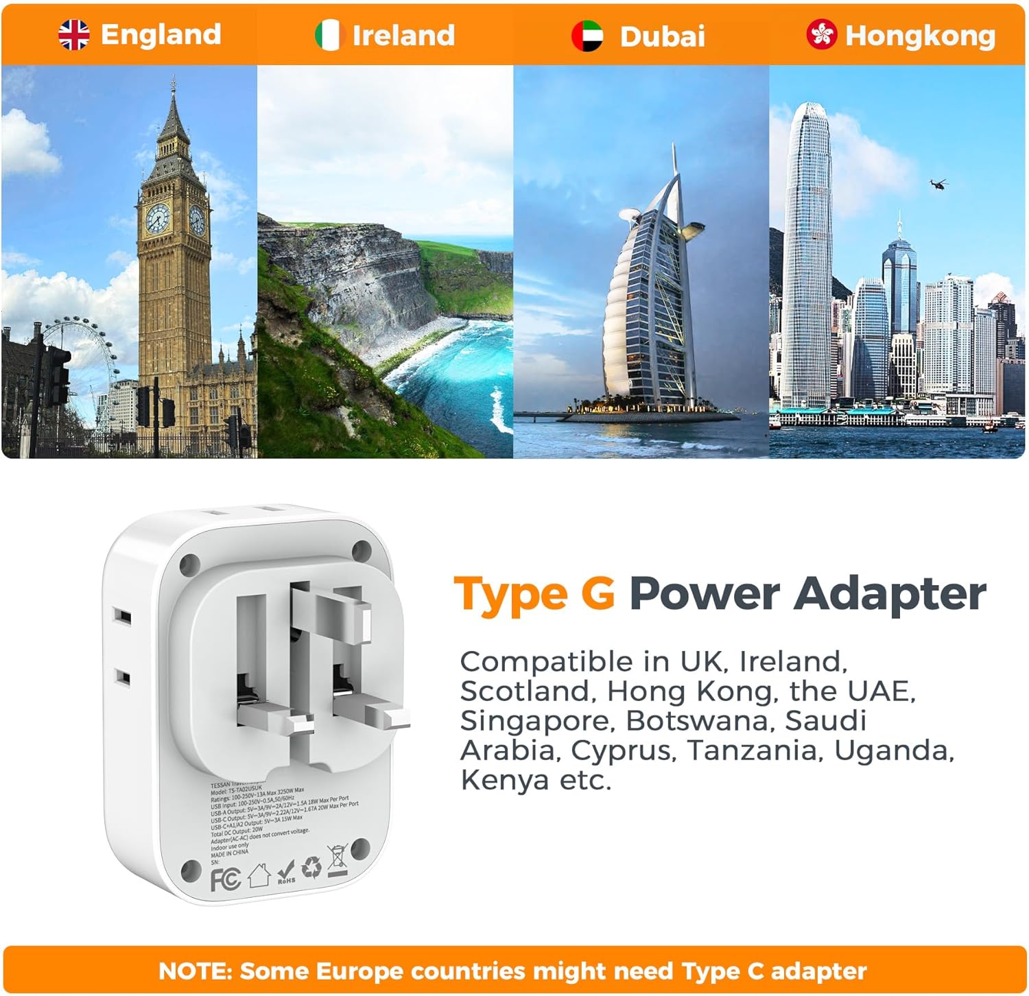 TESSAN US to UK Travel Plug Adapter Type G