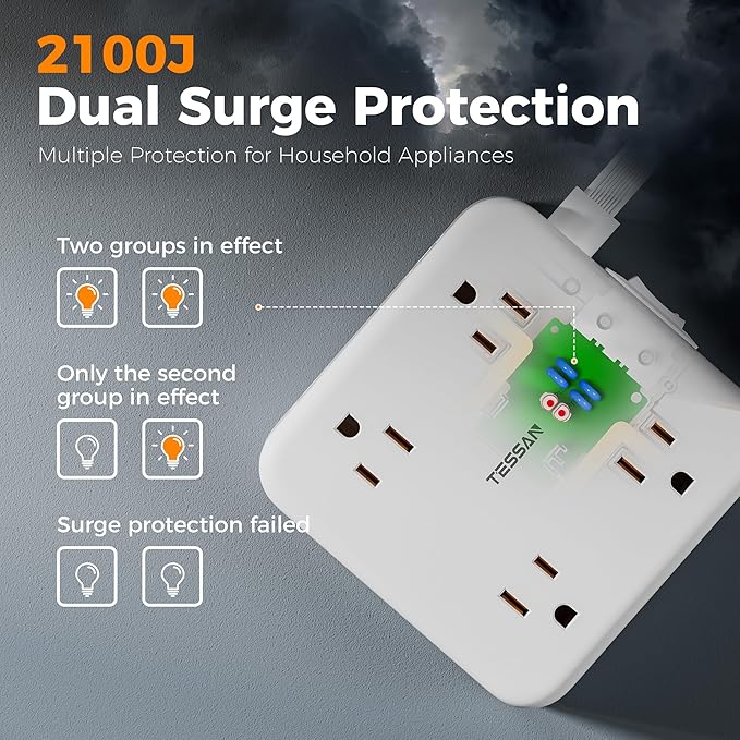 TESSAN Flat Extension Cord Surge Protector Power Strip