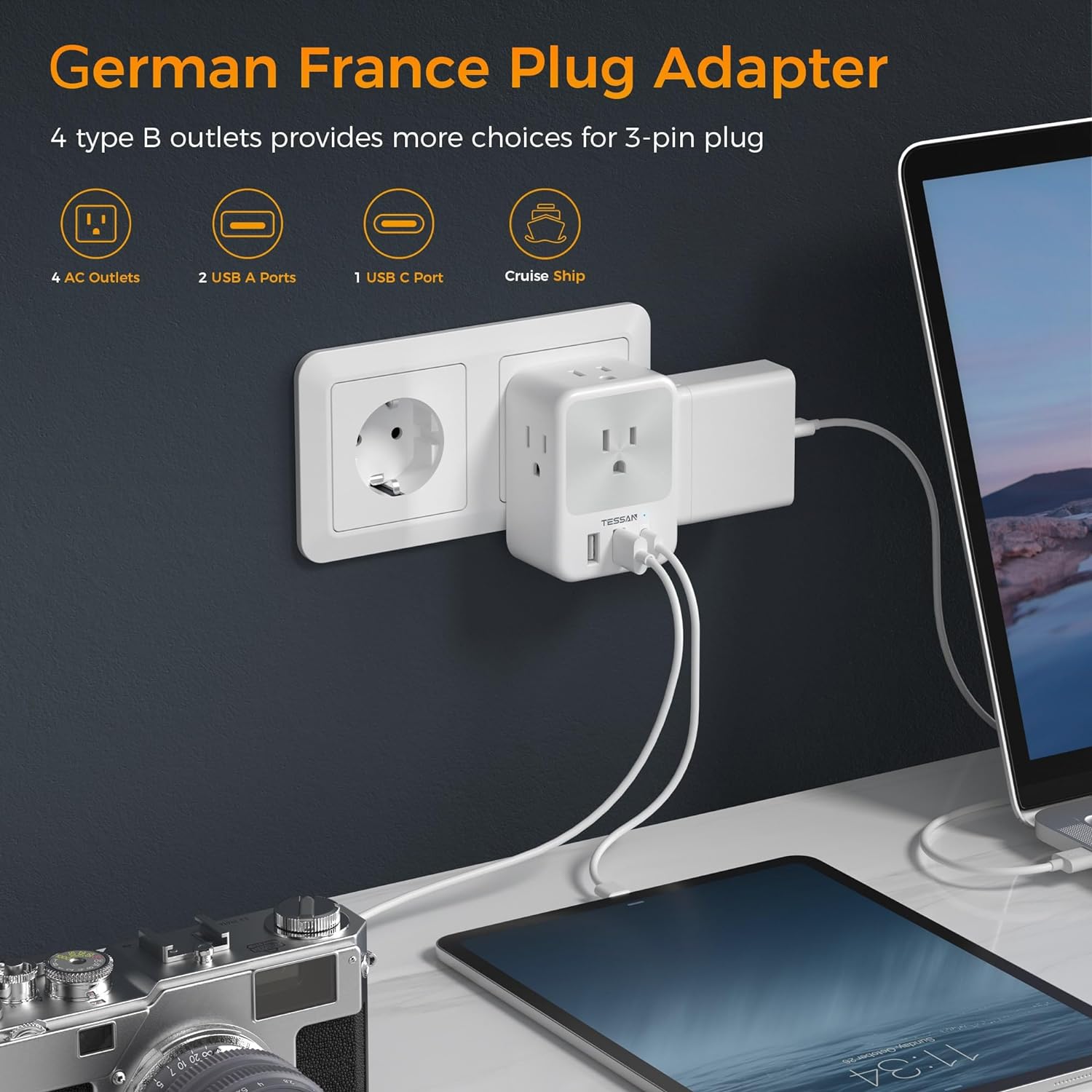 TESSAN Germany France Travel Power Adapter, Schuko Plug Adaptor with 4 Outlets 3 USB Charger (1 USB C Port)