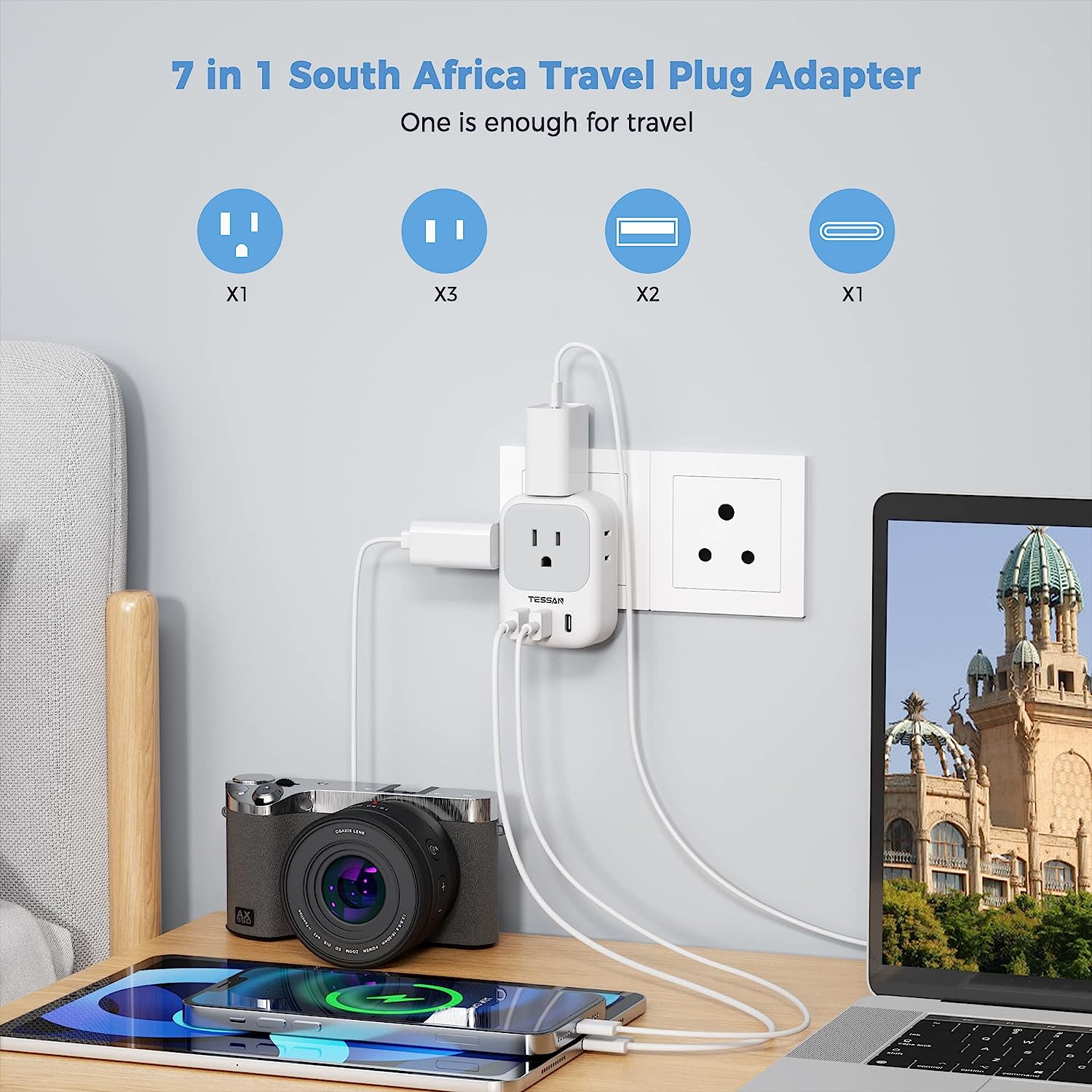 TESSAN South Africa Power Adapter with 4 American Outlets 3 USB Charger (1 USB C Port)