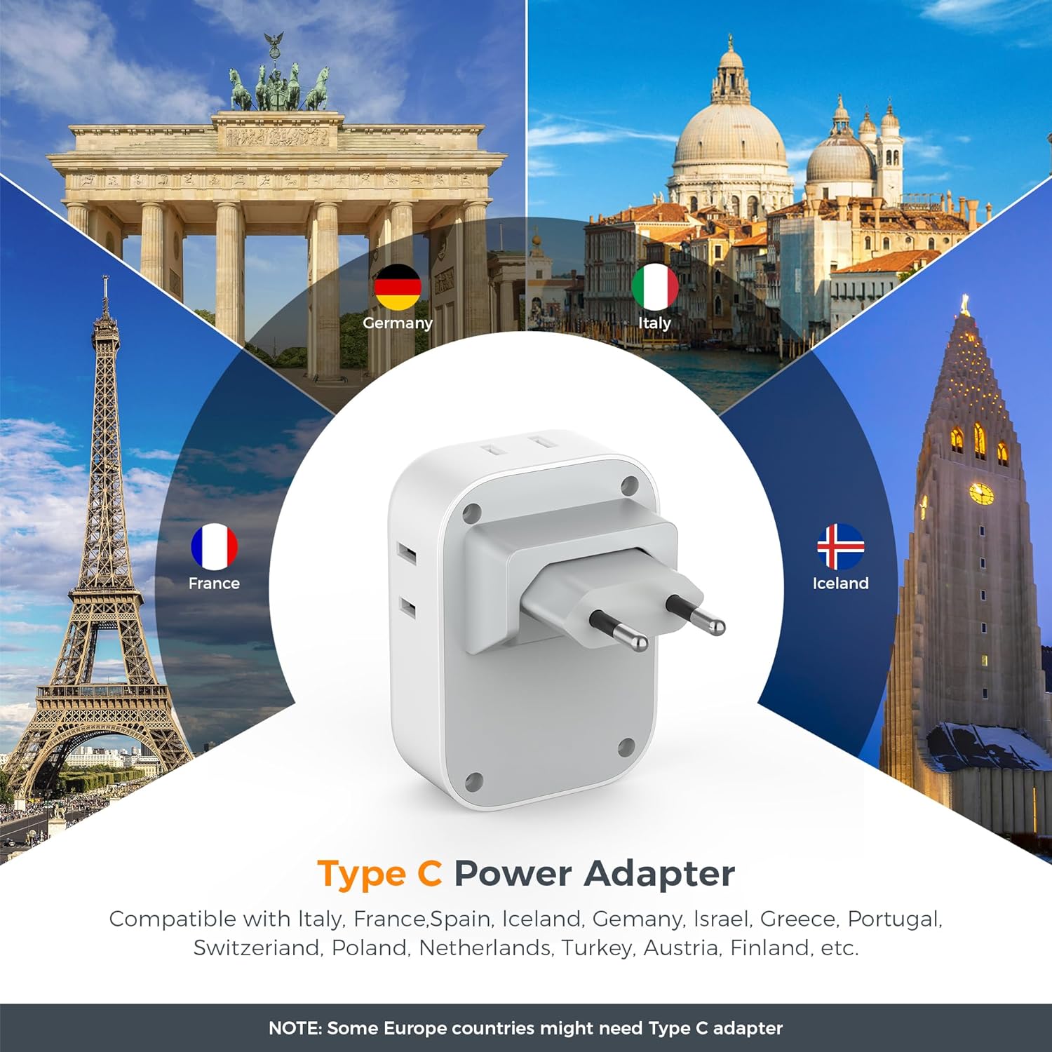 TESSAN Europe Adapter with 4 Outlets and 3 USB(1 USB C PD 20W), Foldable Plug