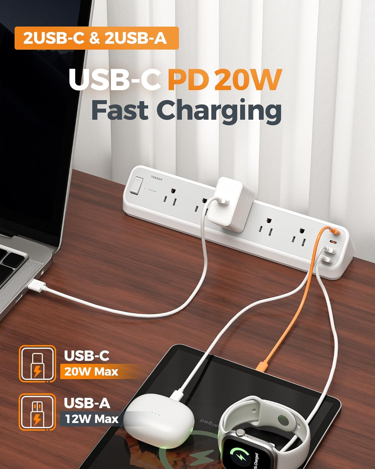 TESSAN Desk Clamp 2100J Surge Protector Power Strip PS06