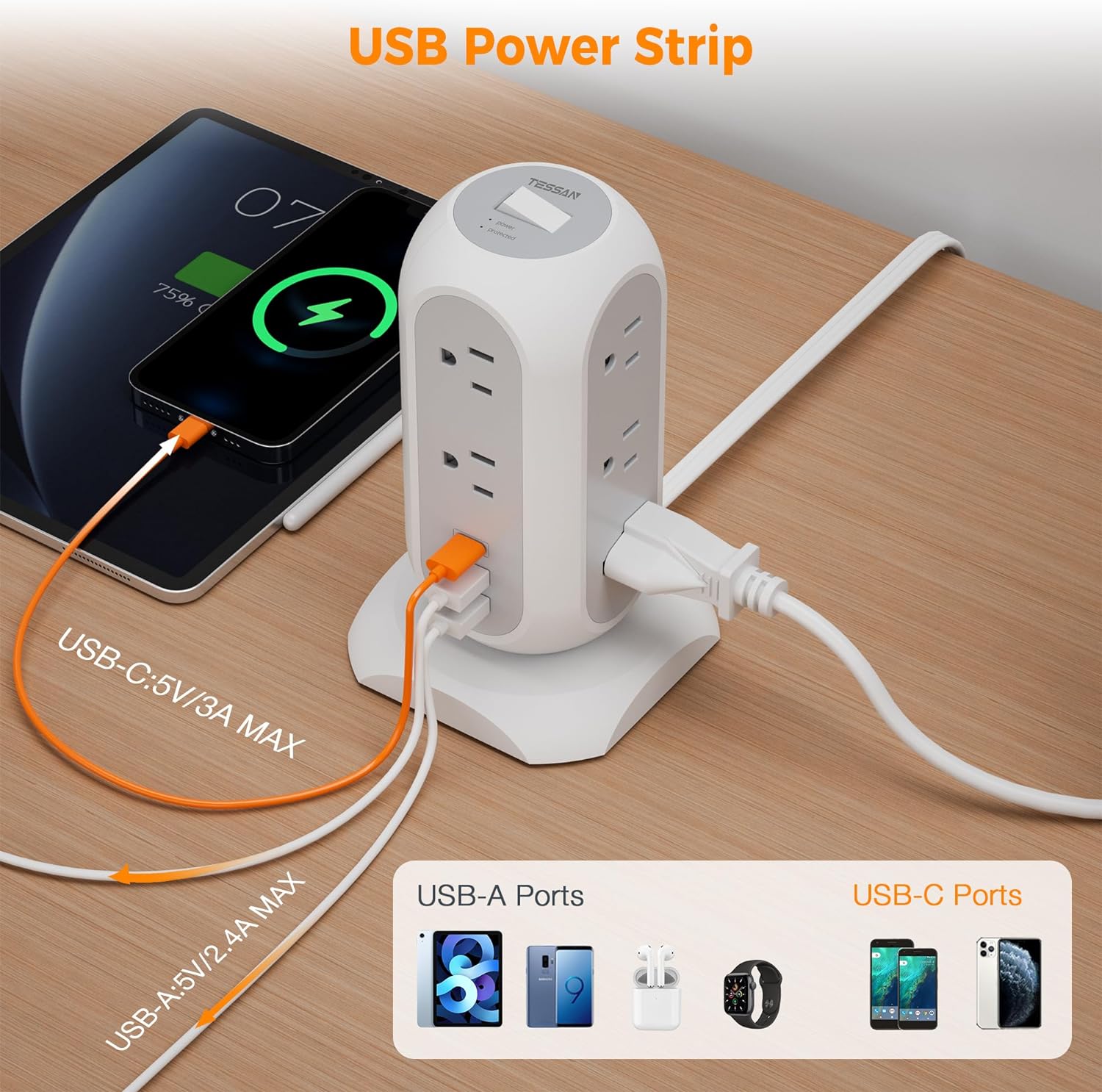 Tower Power Strip Flat Plug with 11 Outlets 3 USB (1 USB C),6 Feet Extension Cord