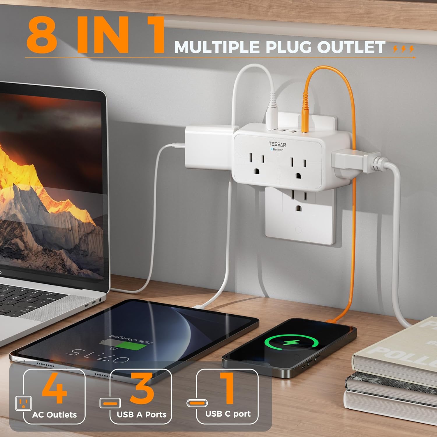 TESSAN Wall Surge Protector with 4 Electrical 3 Prong Outlet Splitter (1 USB C)