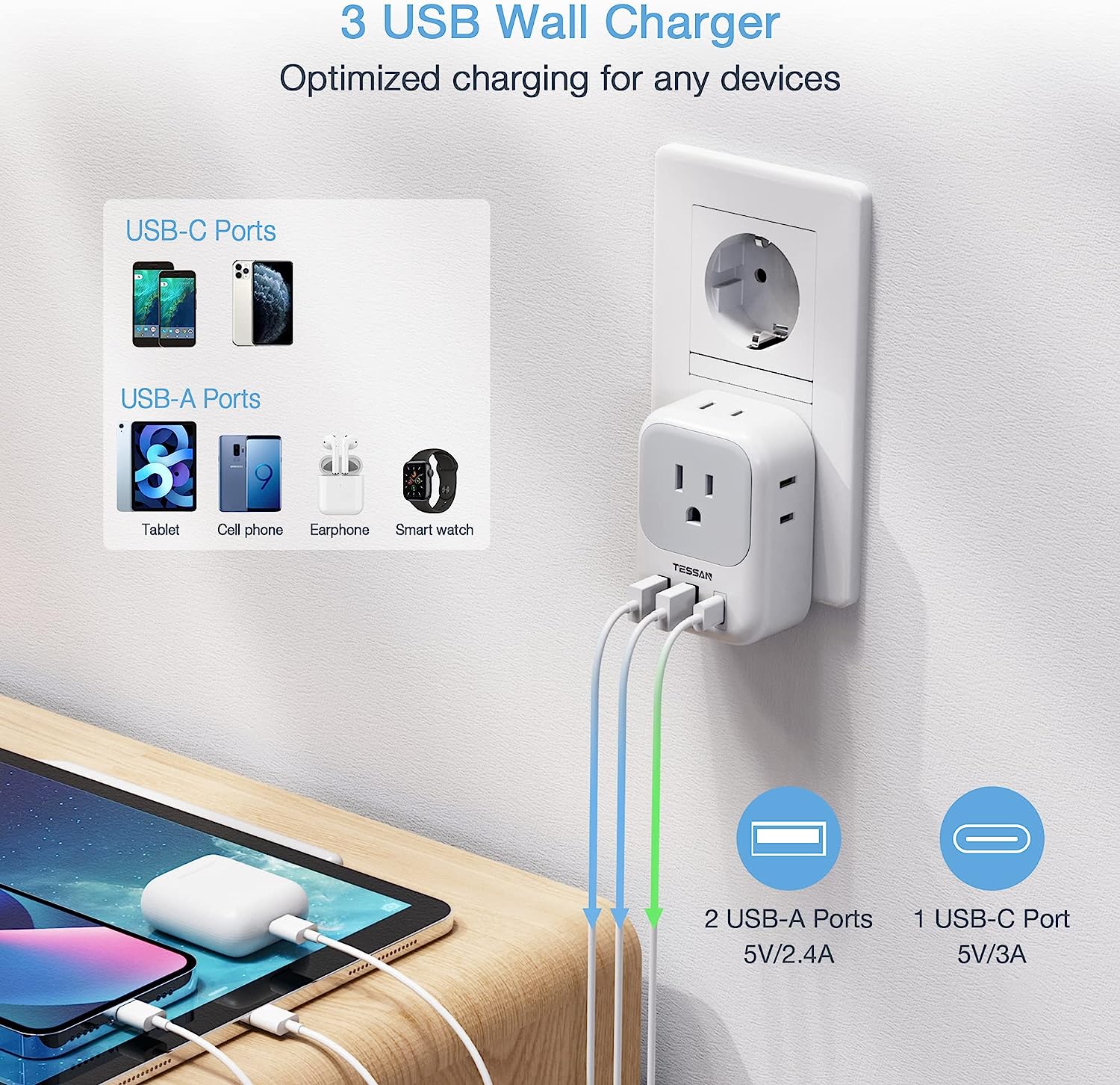 TESSAN Germany France Power Adapter with 4 AC Outlets and 3 USB Ports(1 USB  C)