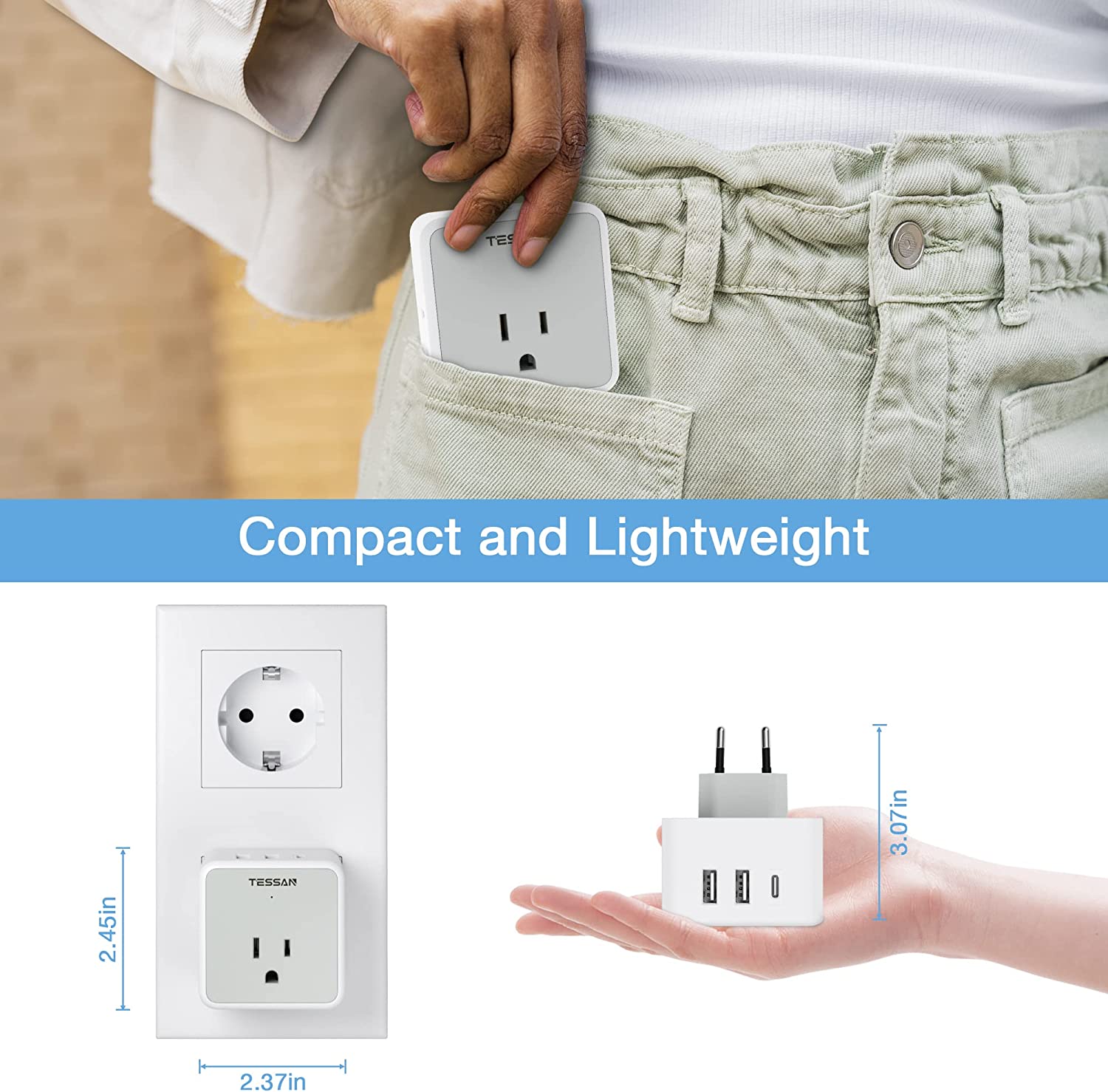 TESSAN All European UK Travel Plug Adapter Kit with 3 Outlet 3 USB Charger (1 USB C)