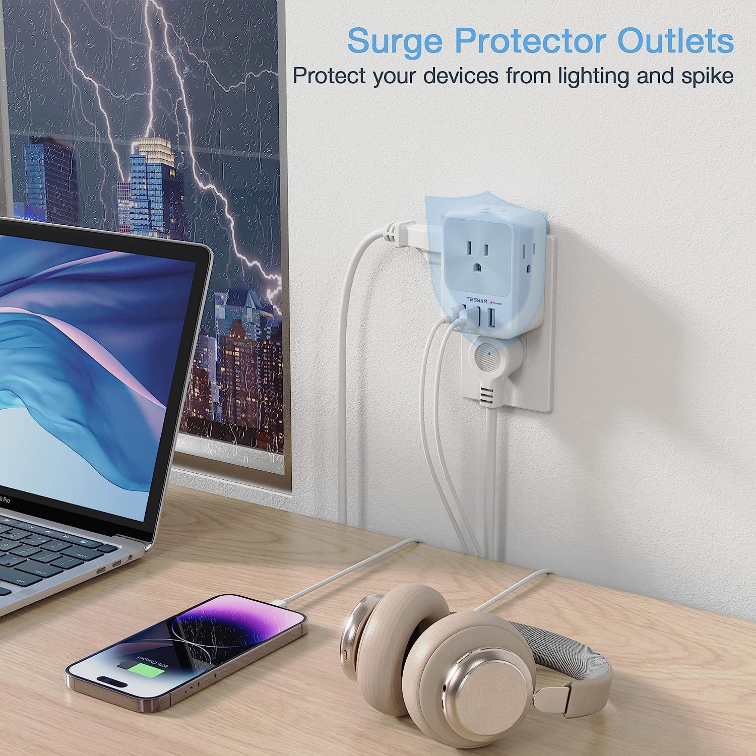 TESSAN 4 Electrical Outlet Extender Surge Protector with 3 USB Wall Charger