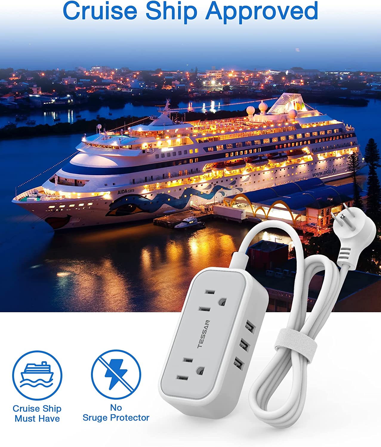 Travel Small Power Strip 5 FT Flat Plug With 2 Outlets 3 USB Ports