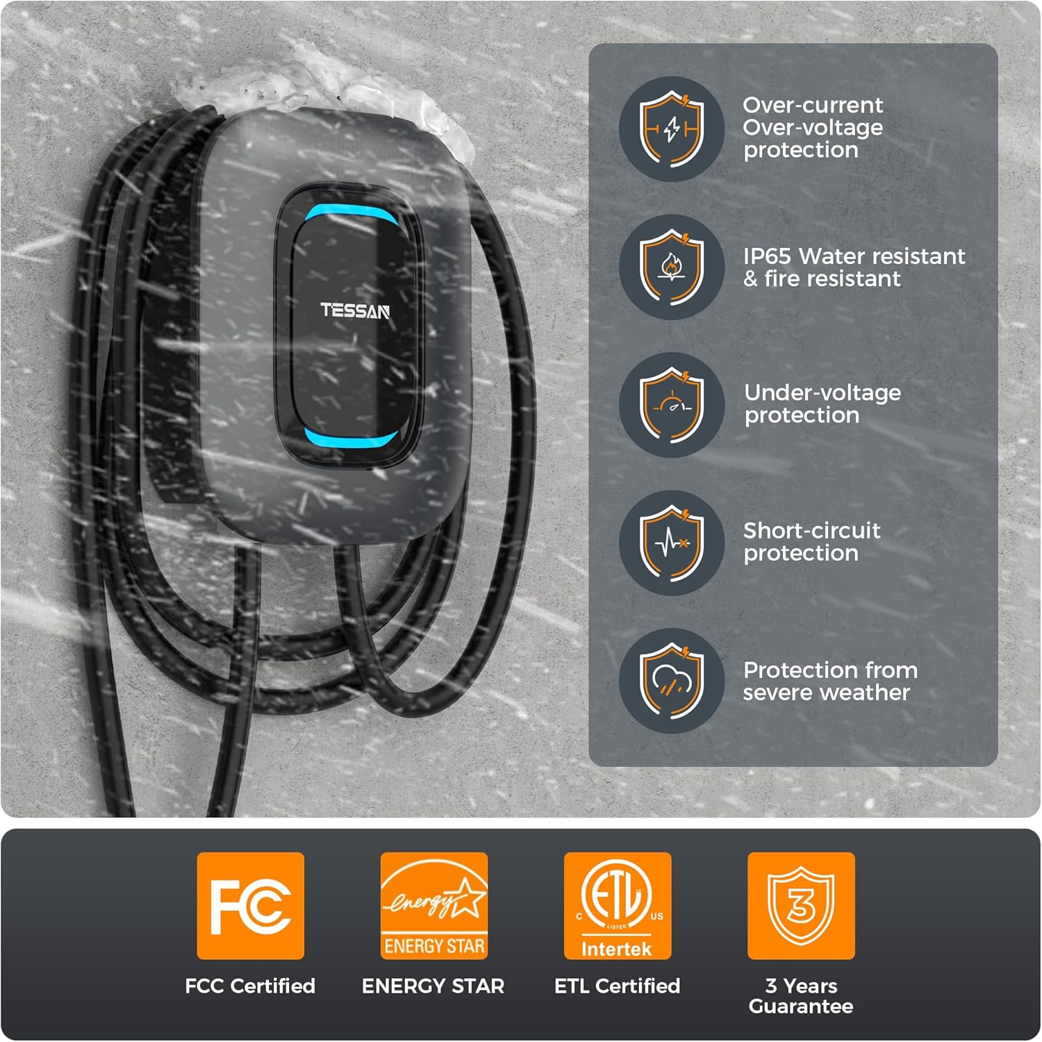 TESSAN 40A 240V Level 2 EV Charger, ETL FCC Energy Star Certified, 25ft Cable, NEMA 6-50 Plug, Wall Mount