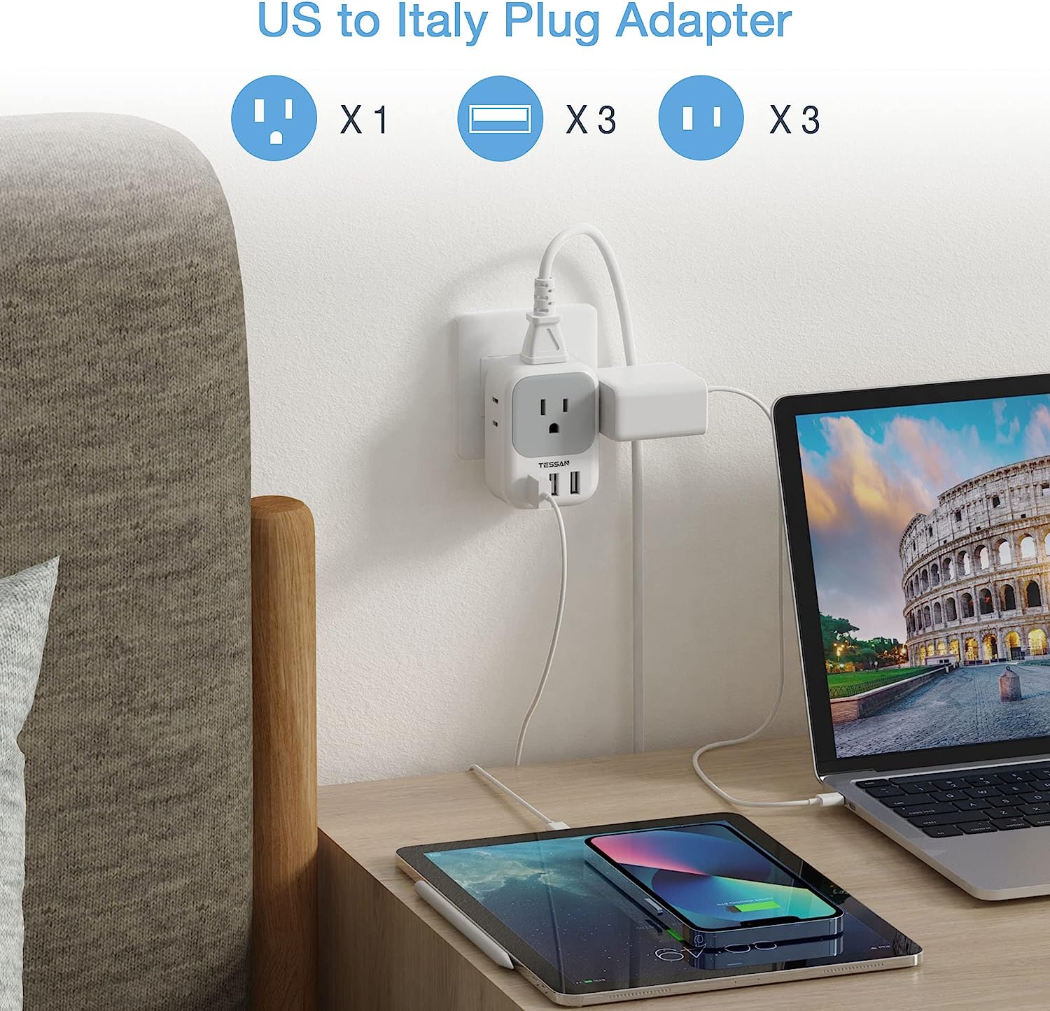 TESSAN US to Italian Power Adapter with 4 Outlets and 3 USB Ports