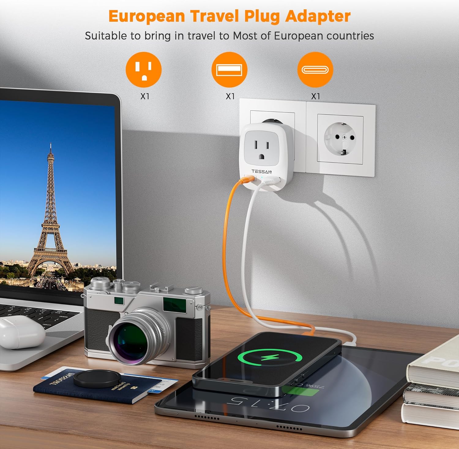 TESSAN International Power Plug with 2 USB Ports (1 USB C)