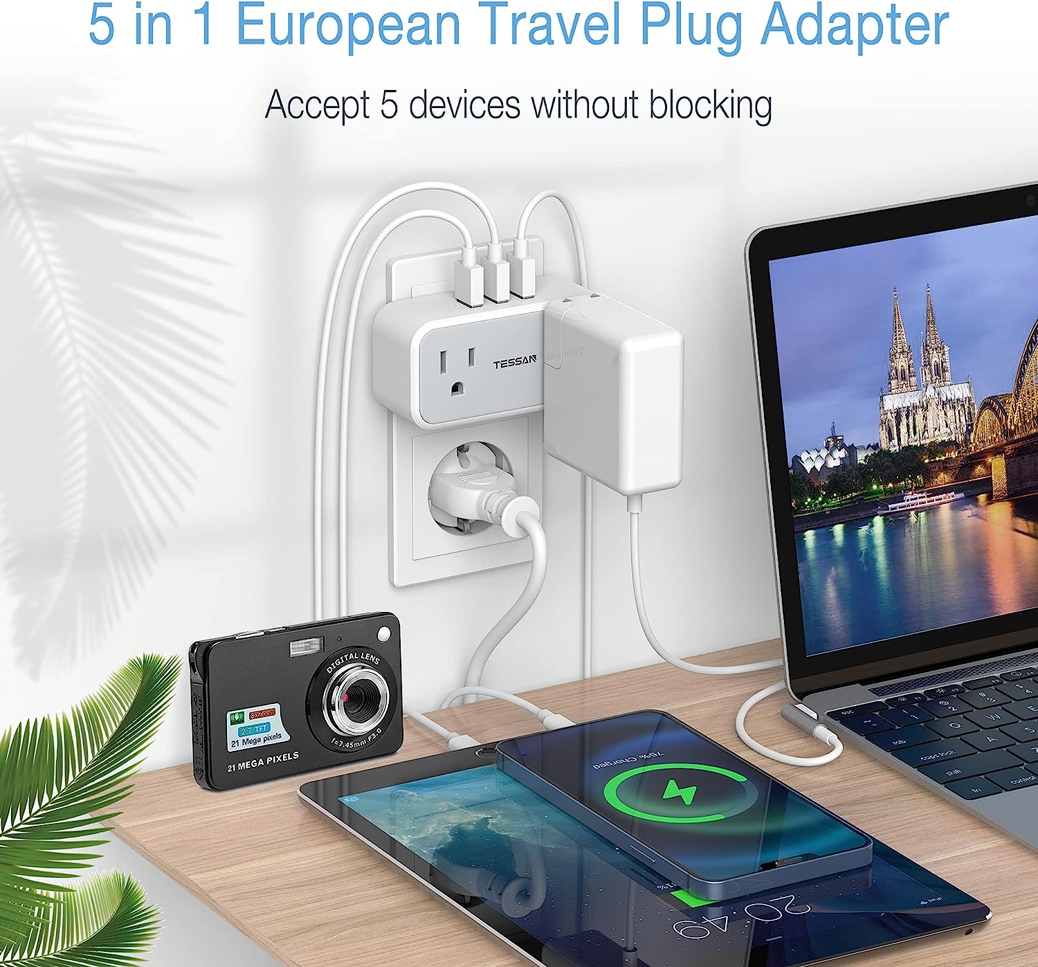 TESSAN European Travel Adapter with 2 Outlets 3 USB Charger