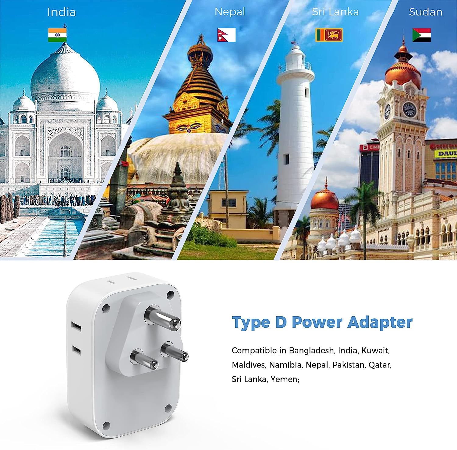 TESSAN India Power Adapter with 4 American Outlets 3 USB Charger (1 USB C Port)