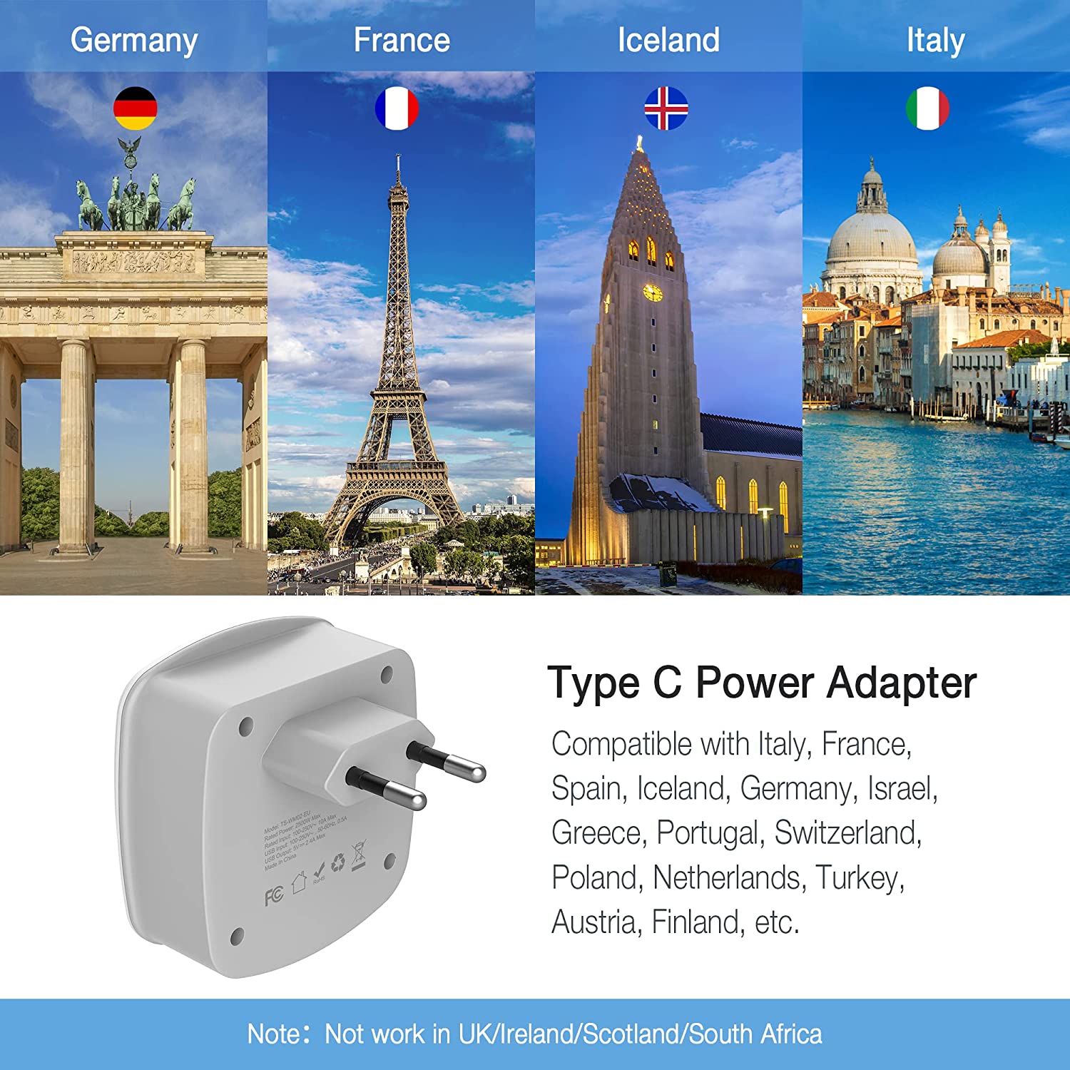US To European Travel Adapter with 2 Outlets 2 USB Ports