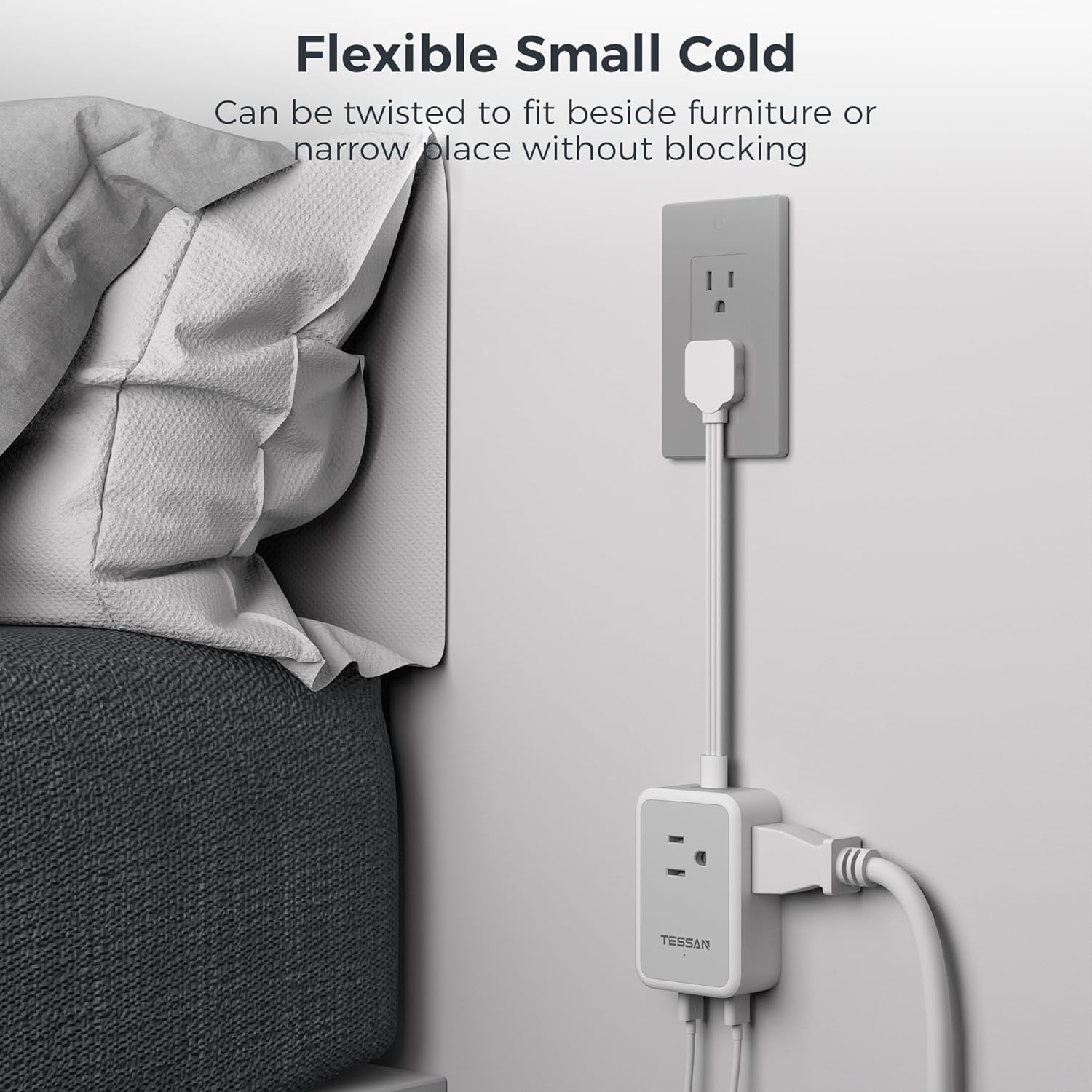 TESSAN Flat Plug Small Extension Cord with 3 Outlet Extender 3 USB (1 USB-C)