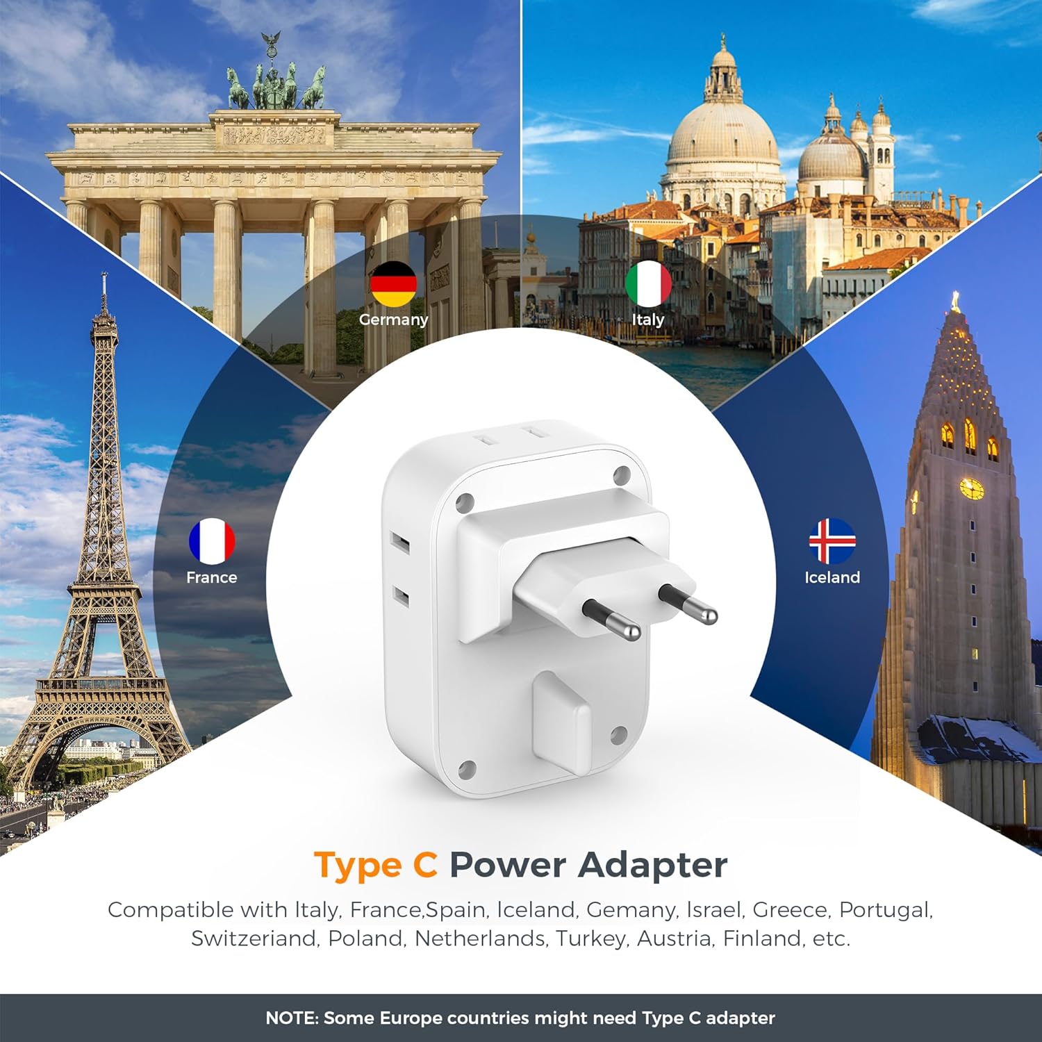 TESSAN US to European Travel Plug Adapter Type C