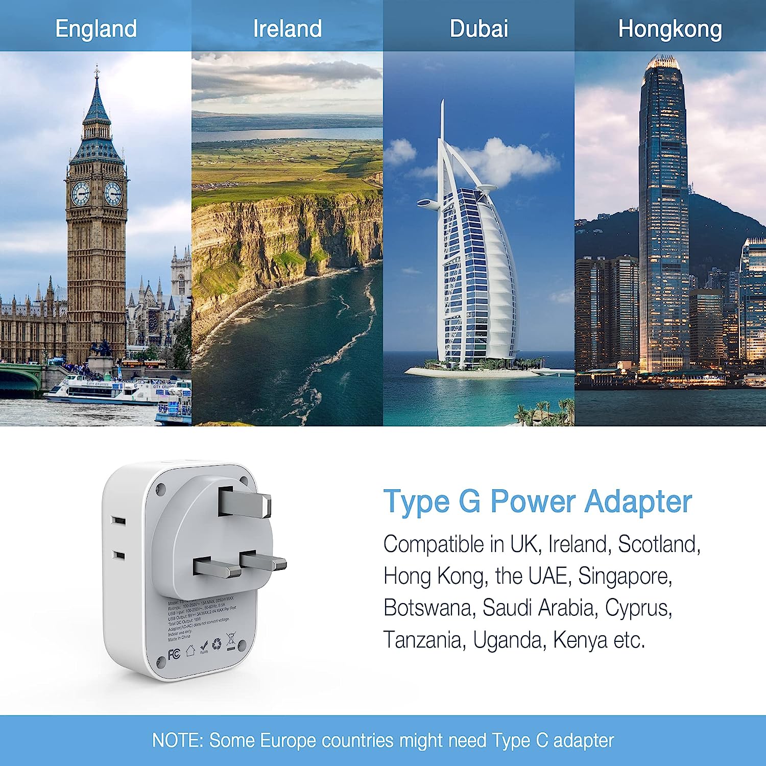 TESSAN Adaptateur Prise Anglaise, Adaptateur Prise UK avec 3 USB