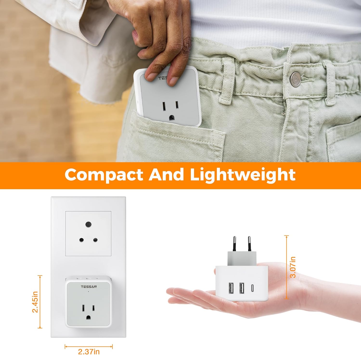 TESSAN European UK India Travel Plug Adapter Kit with 3 Outlet 3 USB(1 USB C)