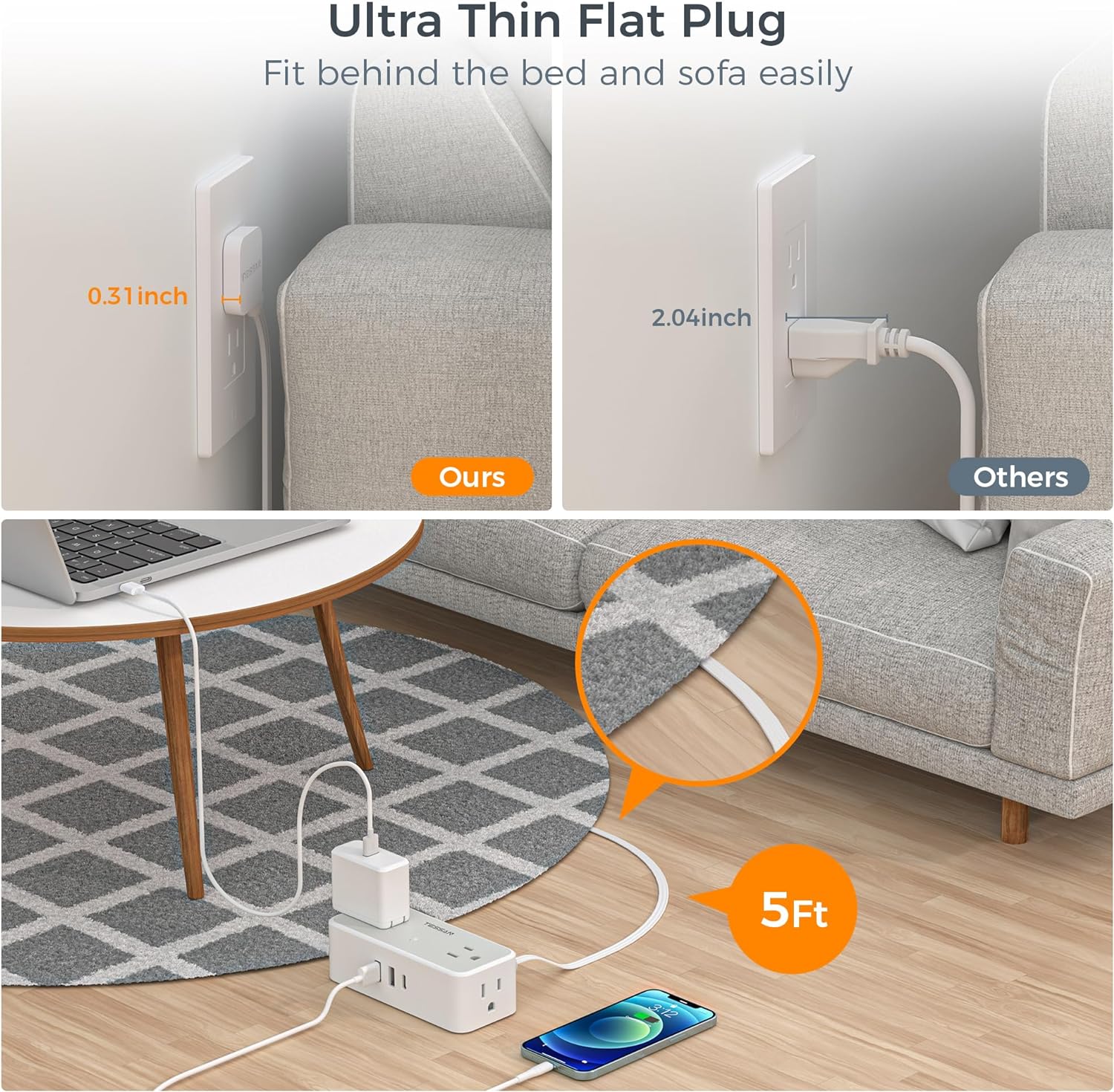 TESSAN 4 Outlets Ultra Thin Flat Plug Power Strip, 3 USB Wall Charger (1 USB C Port), Small Flat Extension Cord