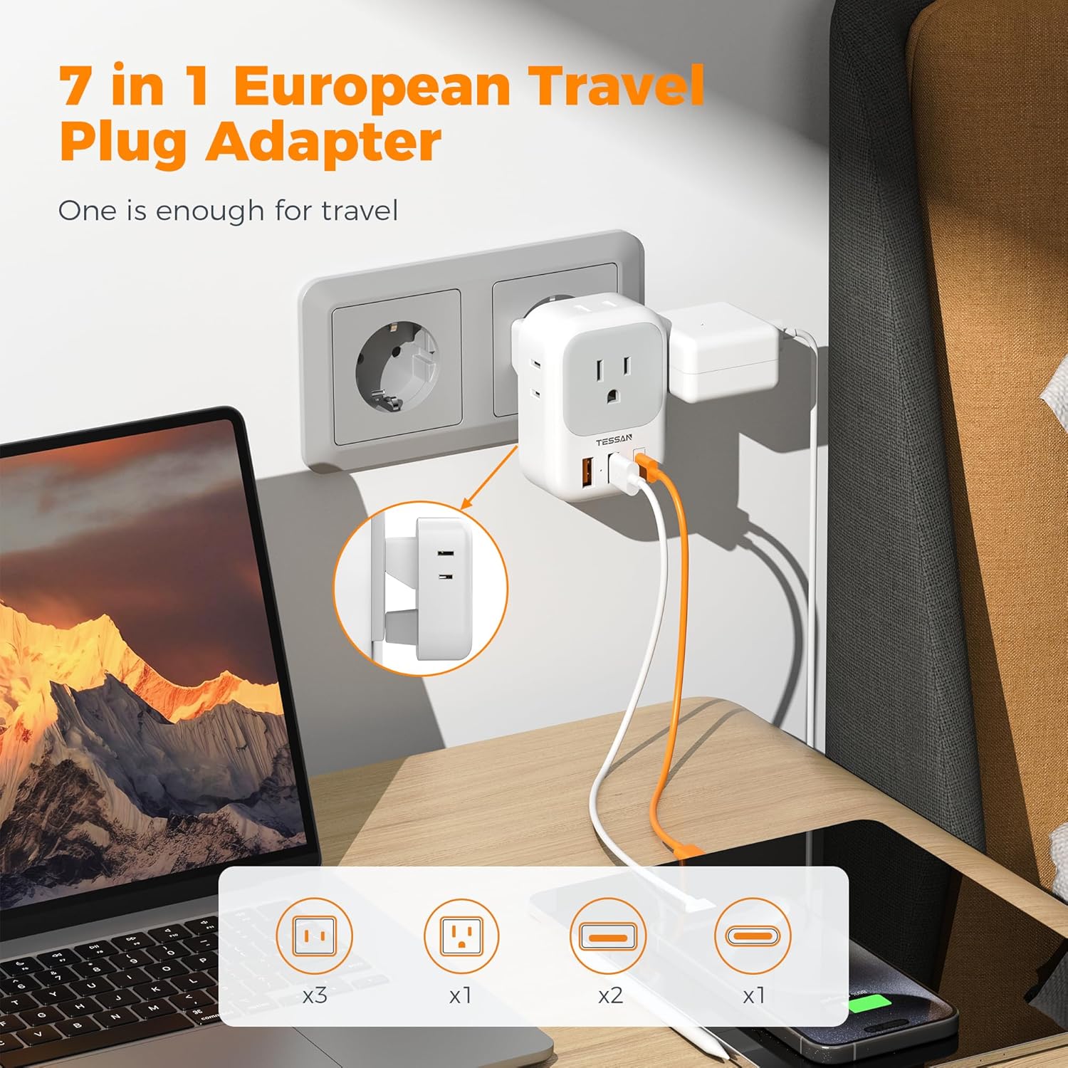 TESSAN US to European Travel Plug Adapter Type C