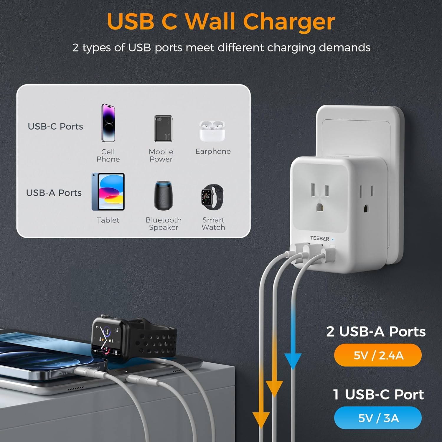 TESSAN Type N Adapter for Brazil with 4 Outlets 3 USB Charging Ports (1 USB C), Brazil Power Adapter Travel Plug