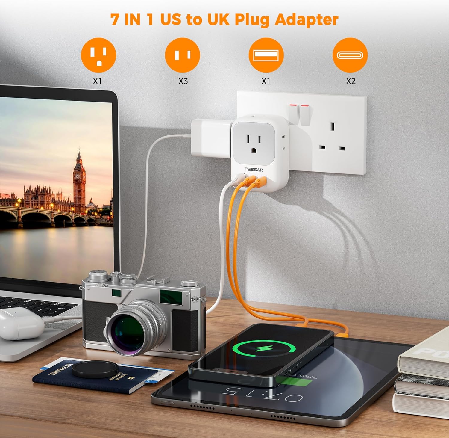 TESSAN US to UK Travel Adapter with 4 Outlets 2 USB C ports(Type G)