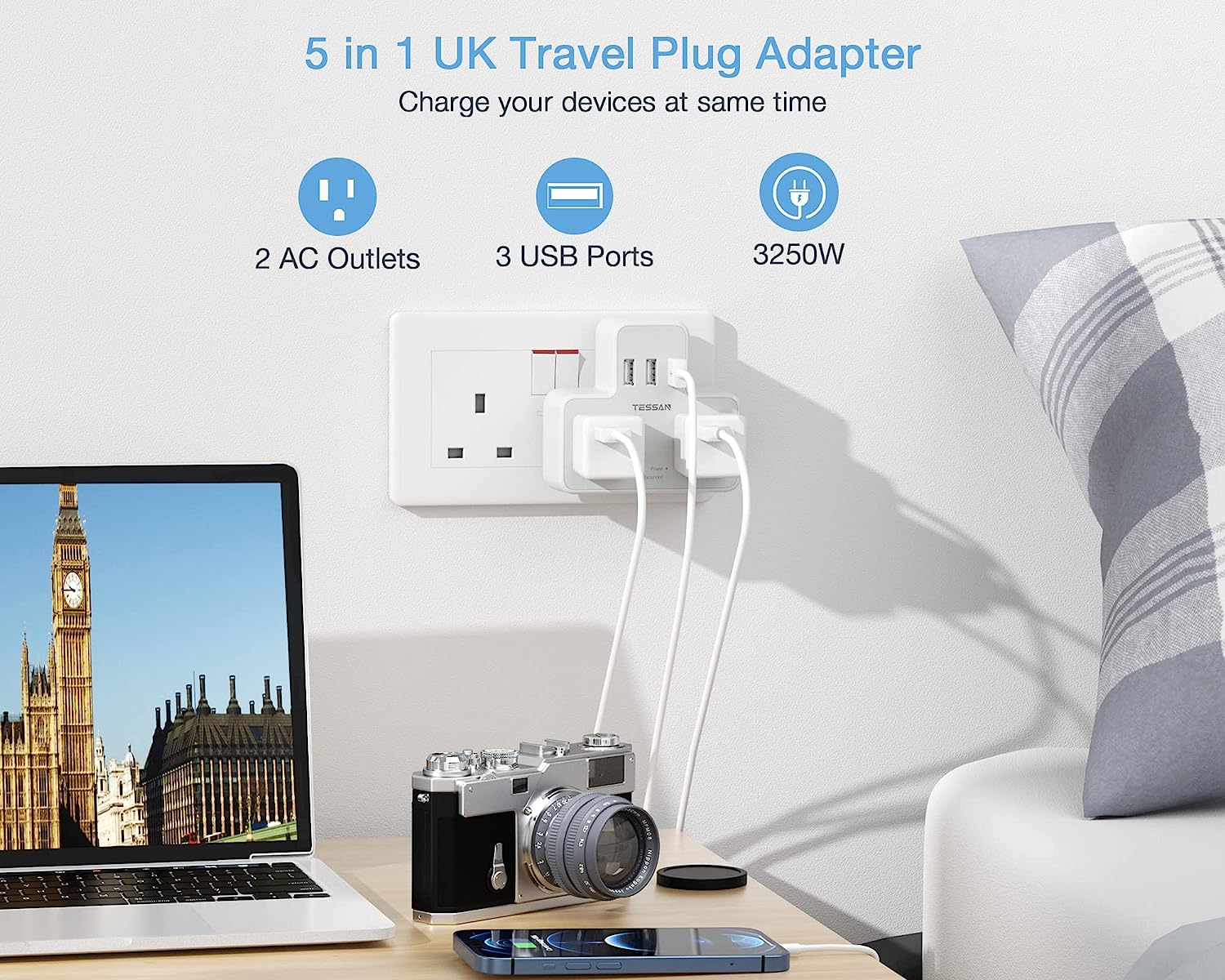 TESSAN US to UK Plug Adapter with 2 Outlets 3 USB Charger