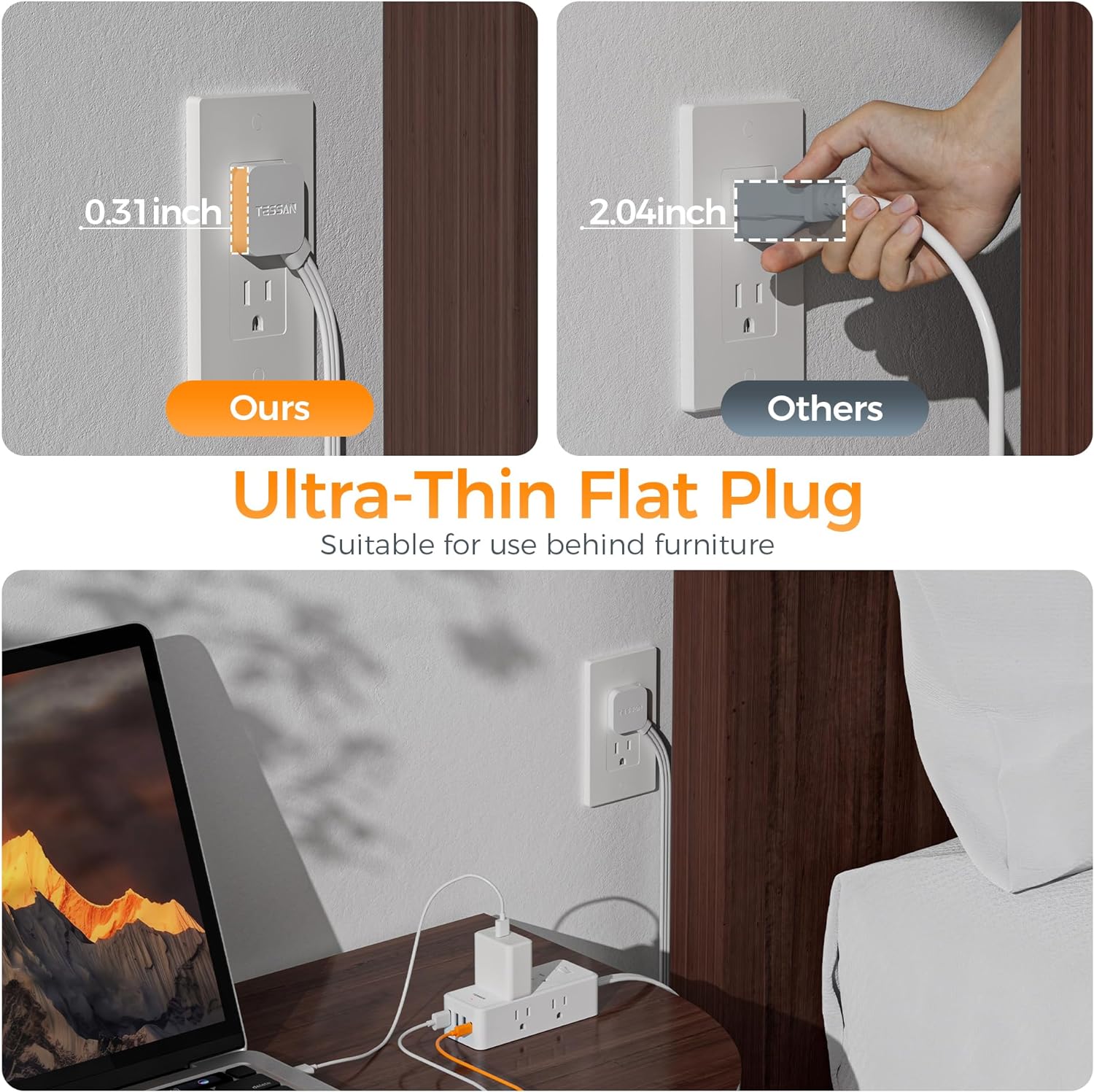 TESSAN Ultra Thin Flat Plug 5 ft with 6 AC Outlets 4 USB (1 USB C) Ports