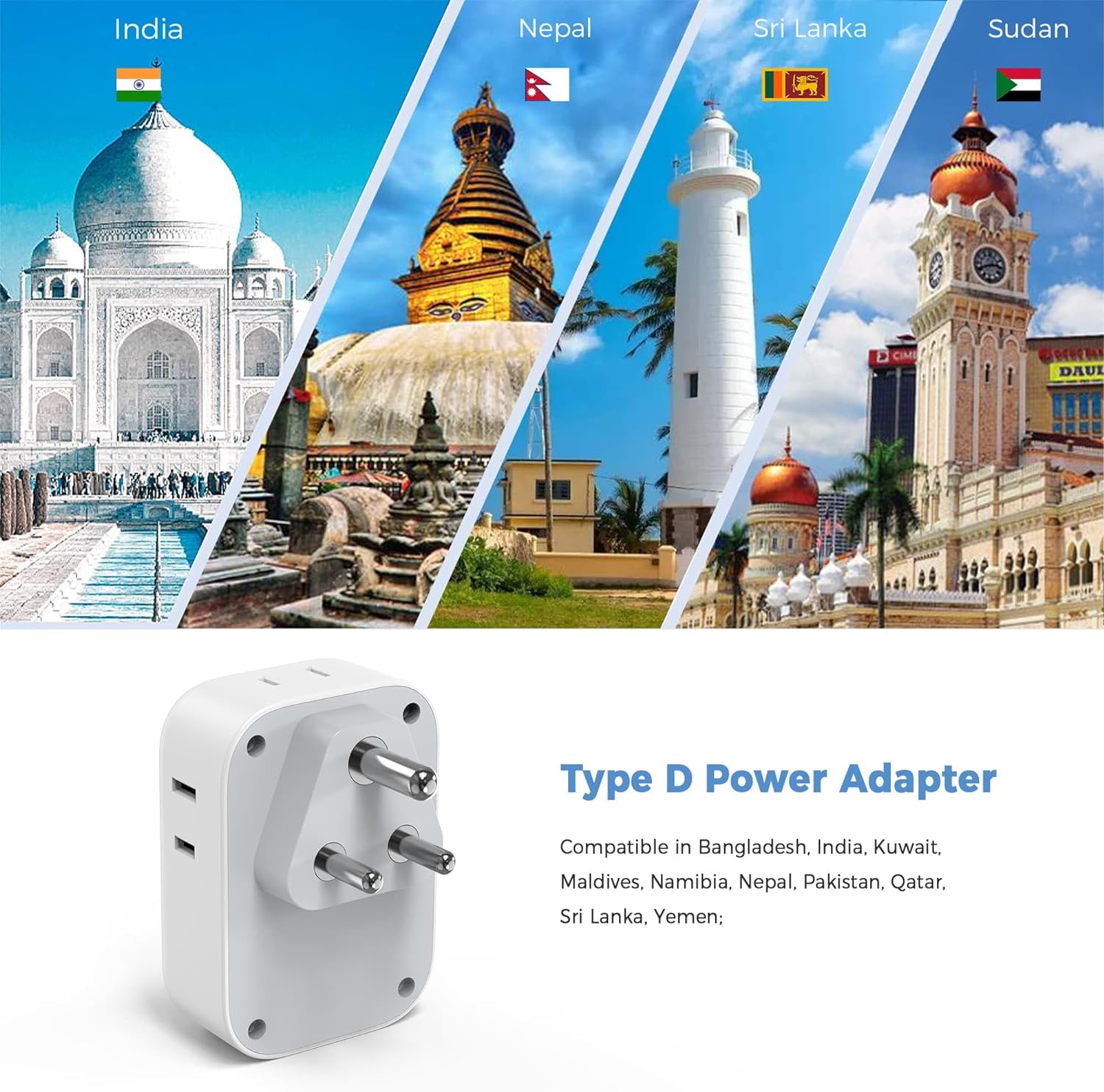 TESSAN Type D Travel Adapter with 4 Outlets 3 USB Charger (1 USB C Port), India Plug Adapter 2 Pack